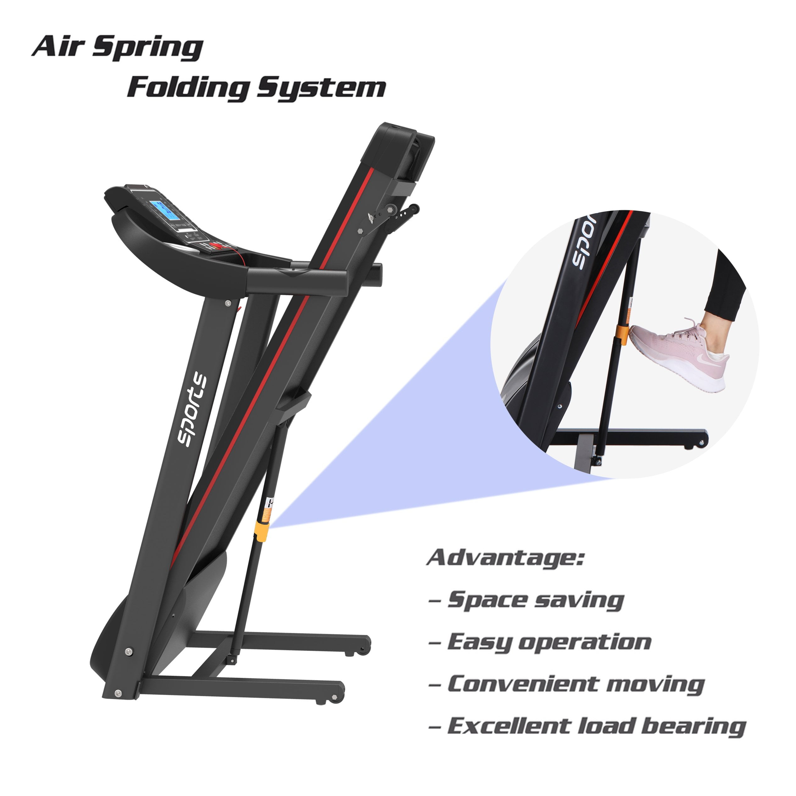 Smart Motorized Treadmill with Manual Incline and Air Spring & MP3, 5" LCD Display