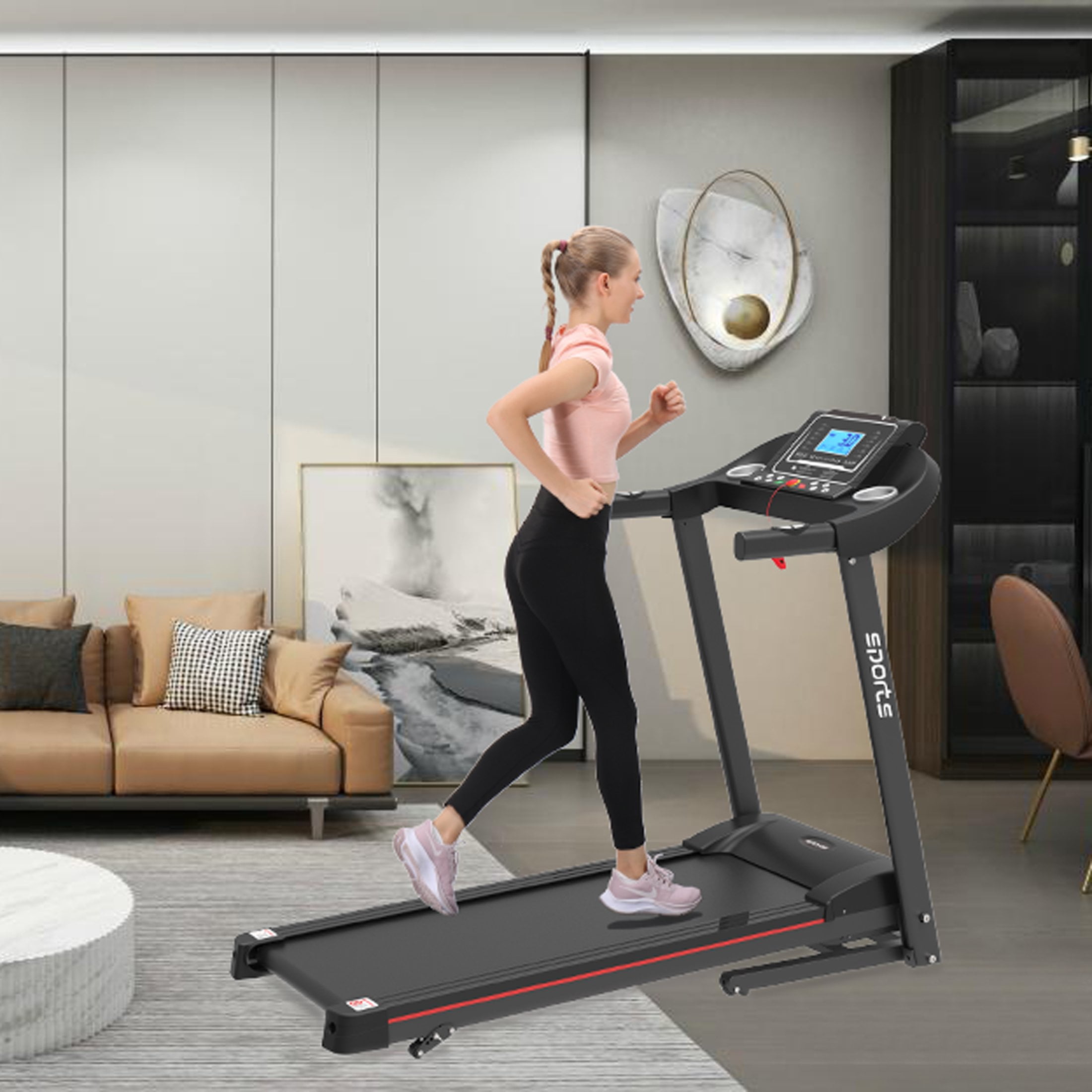 Smart Motorized Treadmill with Manual Incline and Air Spring & MP3, 5" LCD Display