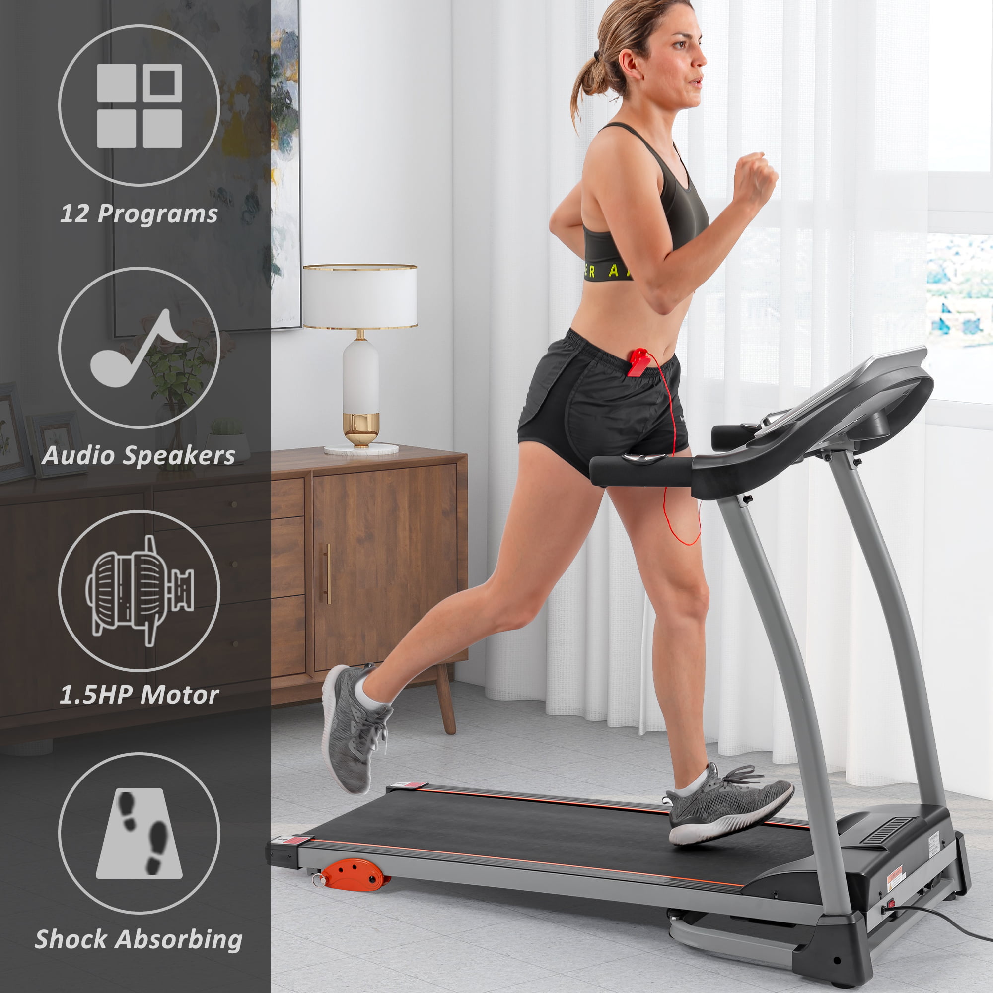 1.5HP Electric Running, Jogging & Walking Machine with Device Holder & Pulse Sensor