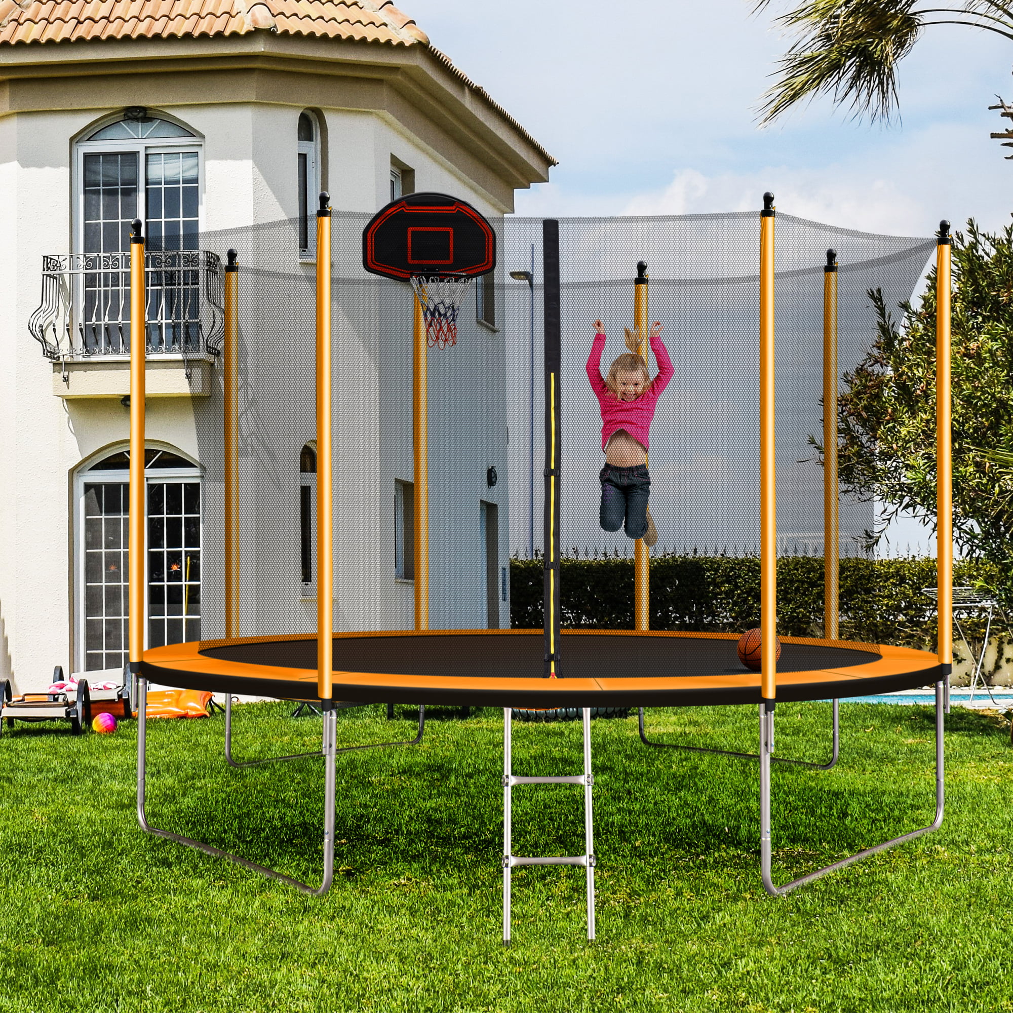 10ft Trampoline with Inner Safety Enclosure Net and Basketball Hoop