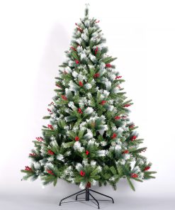 7.5FT Artificial Christmas Tree with Flocked Pine Needle, Cones Red Berries
