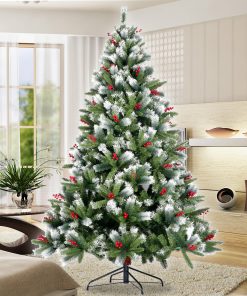 7.5FT Artificial Christmas Tree with Flocked Pine Needle, Cones Red Berries