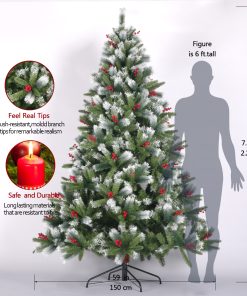 7.5FT Artificial Christmas Tree with Flocked Pine Needle, Cones Red Berries