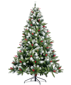 7.5FT Artificial Christmas Tree with Flocked Pine Needle, Cones Red Berries