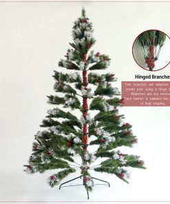 7.5FT Artificial Christmas Tree with Flocked Pine Needle, Cones Red Berries