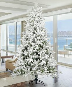 7ft Artificial Hinged Pine Tree With White Realistic Tips Unlit