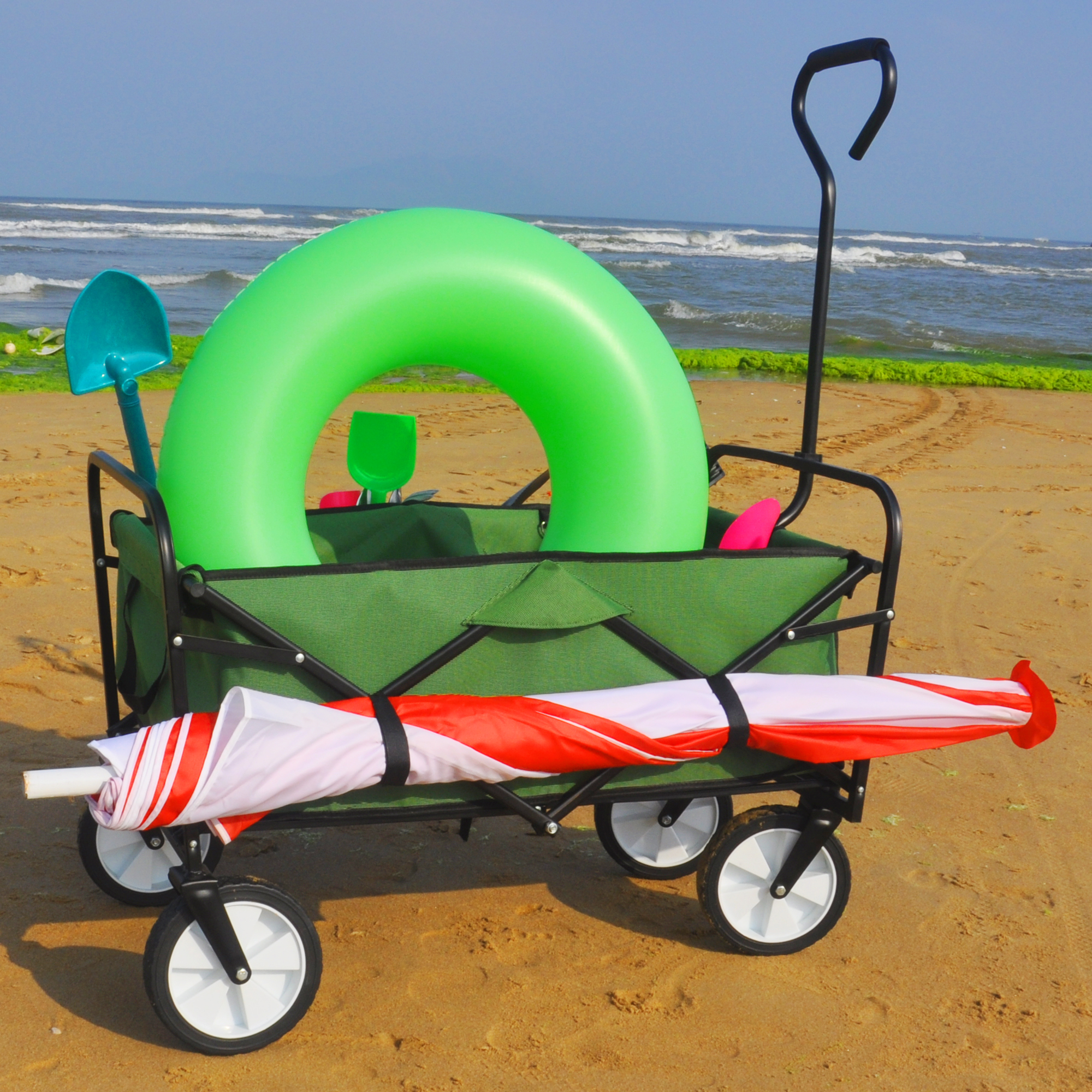 Folding Wagon Garden Shopping Beach Cart Green