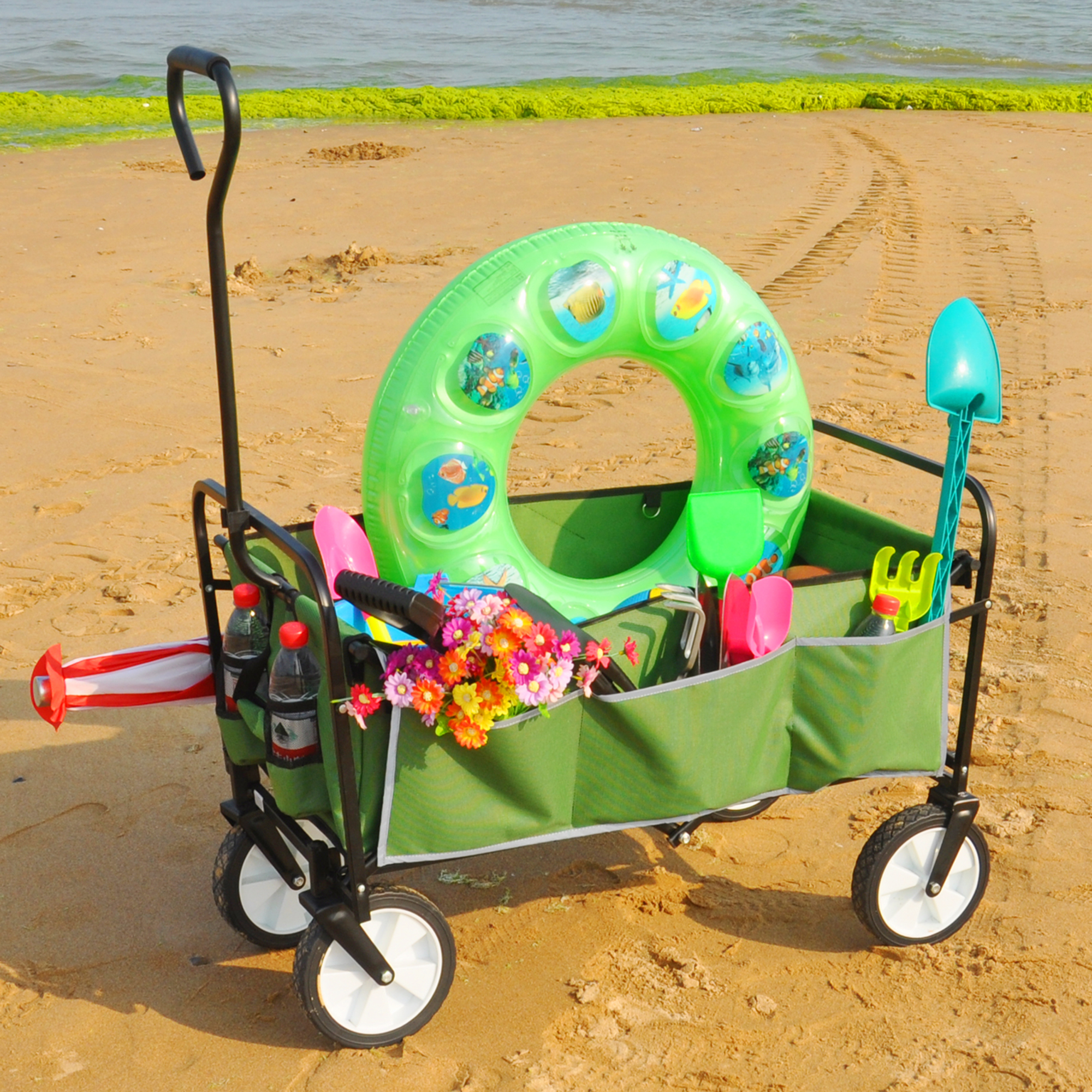 Folding Wagon Garden Shopping Beach Cart Green