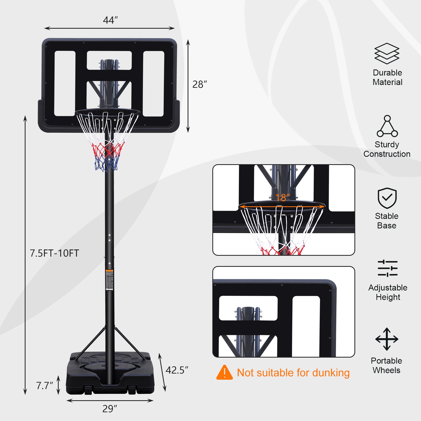 Height Adjustable Portable Basketball Hoop With 44 Inch Backboard And Wheels - Image 2