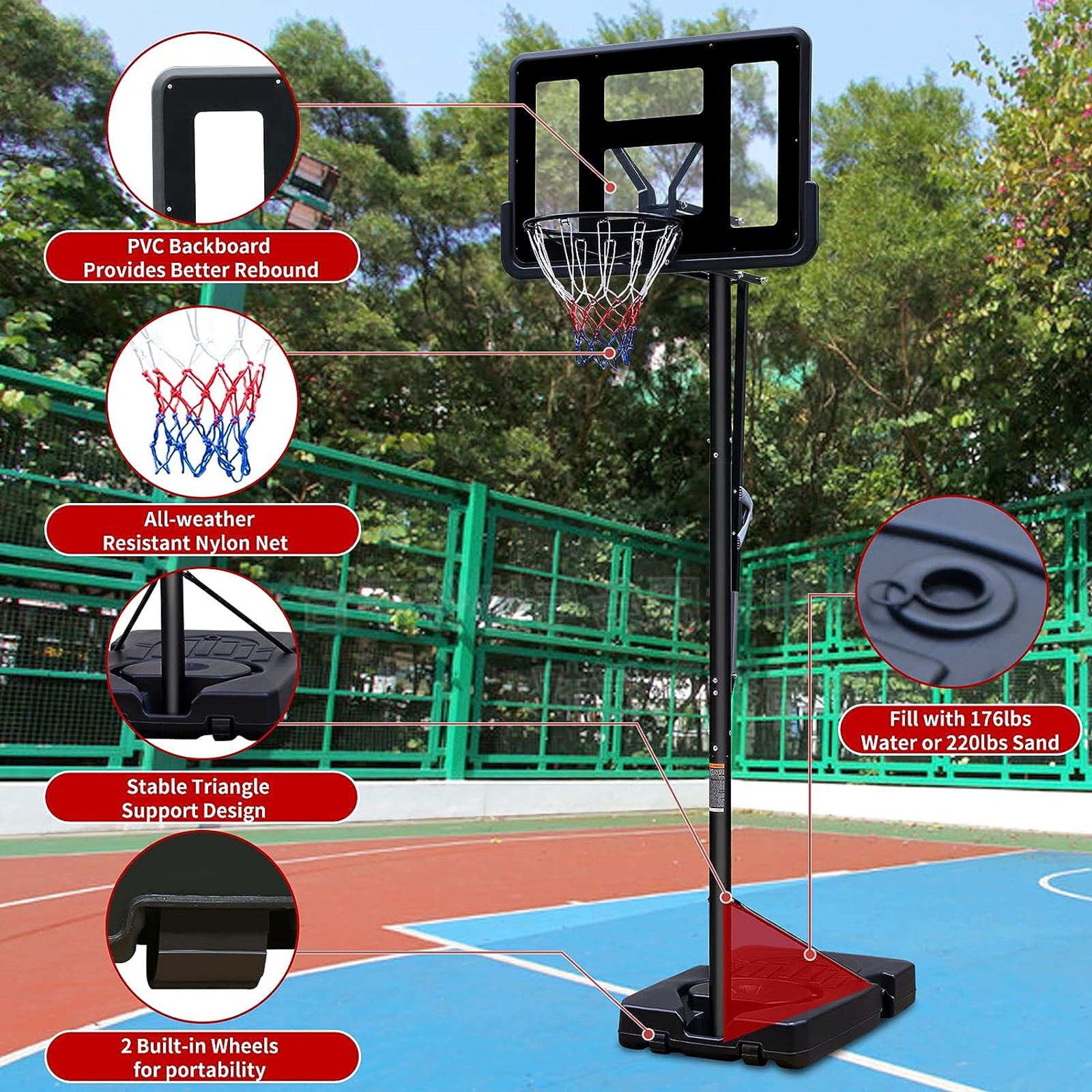 Height Adjustable Portable Basketball Hoop With 44 Inch Backboard And Wheels - Image 8