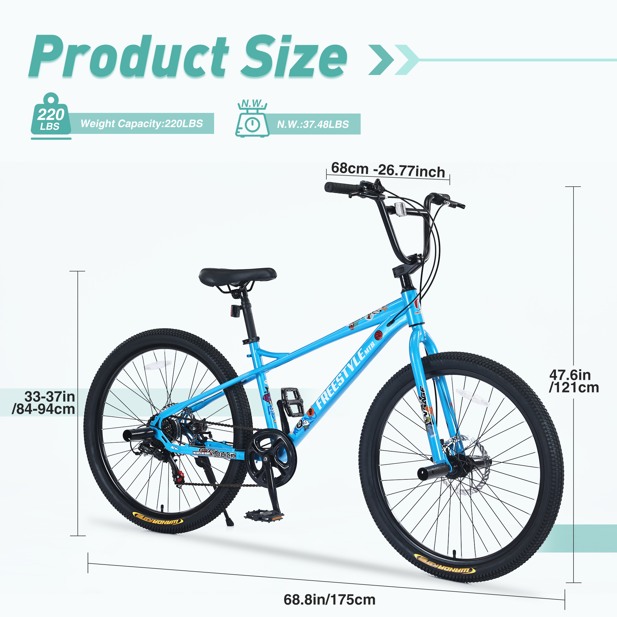 26 Inch Children's Bicycle For Boys Girls, Double Disc Brakes