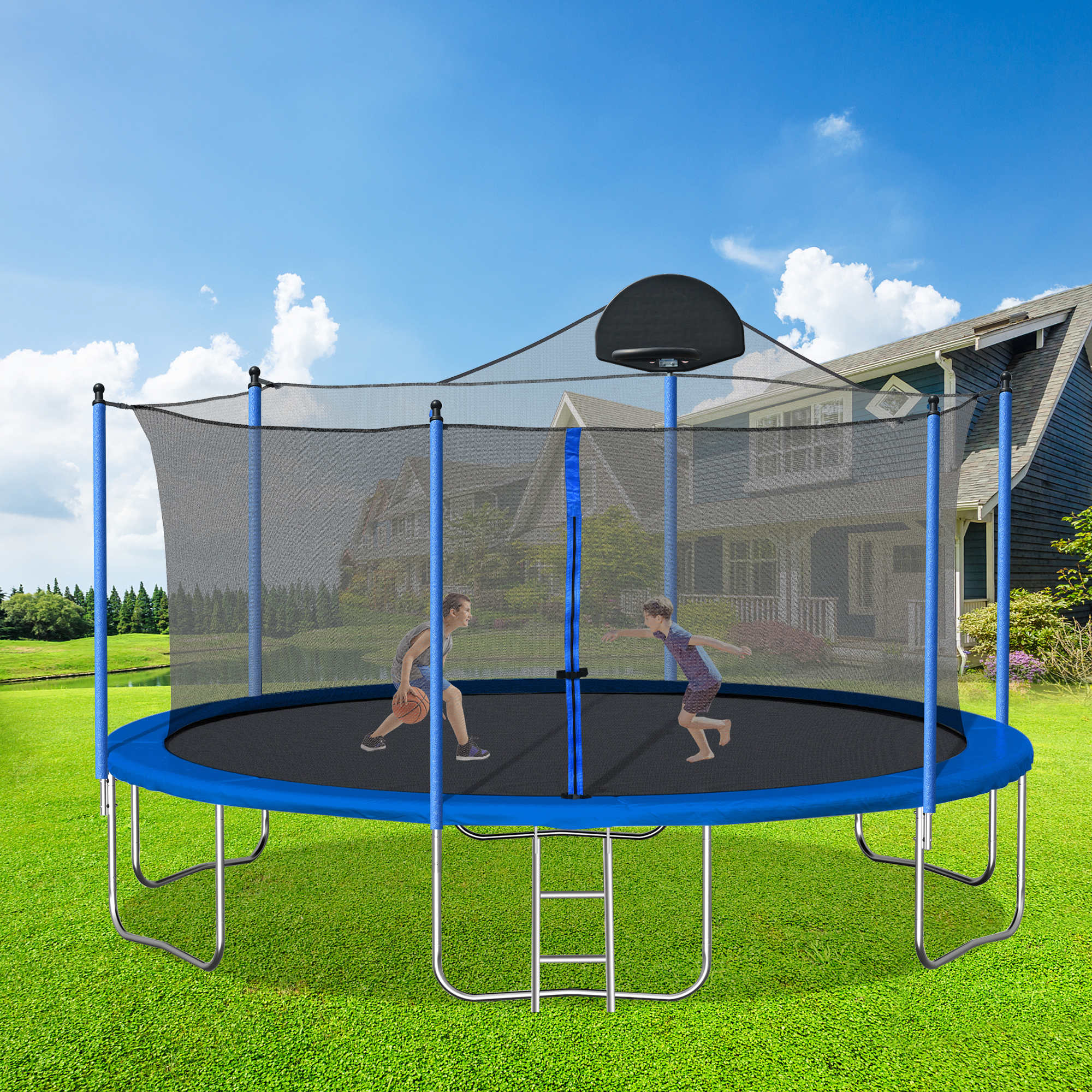 14FT Trampoline for Adults & Kids with Basketball Hoop