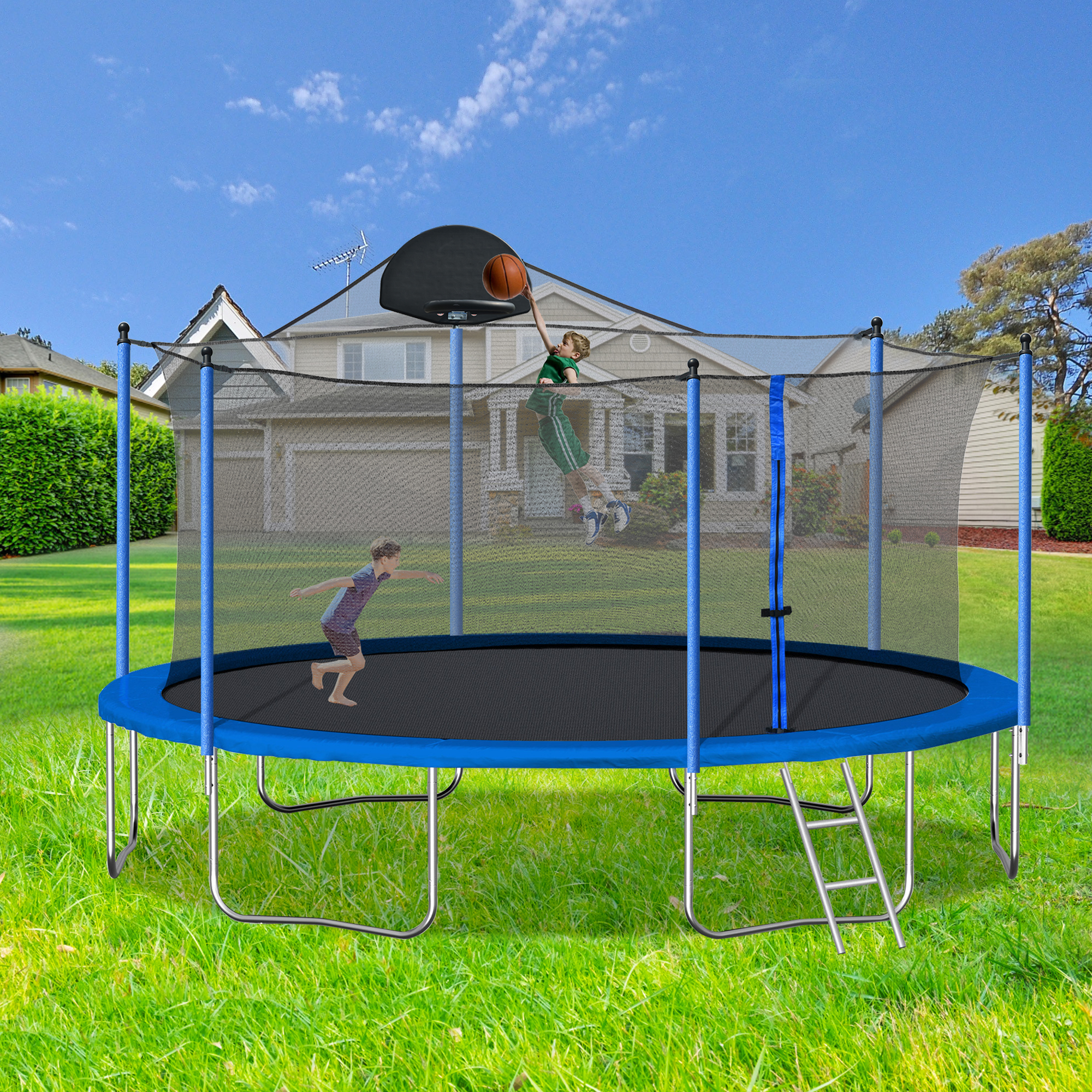 14FT Trampoline for Adults & Kids with Basketball Hoop