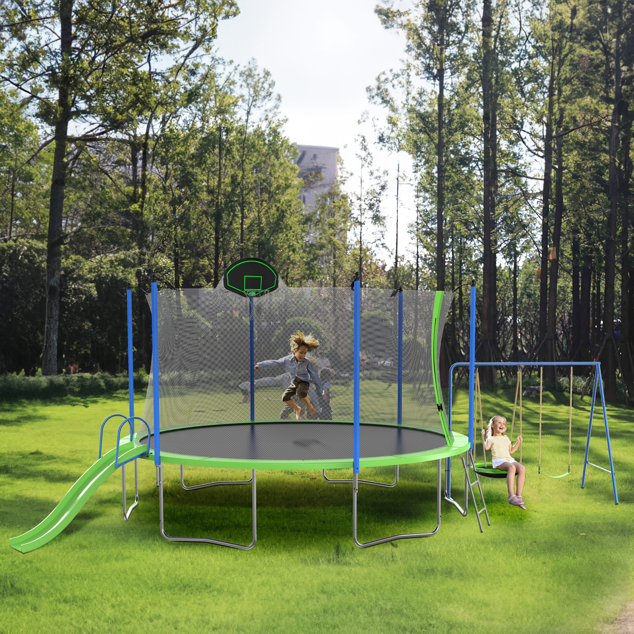 14FT Trampoline With Slide And Swings