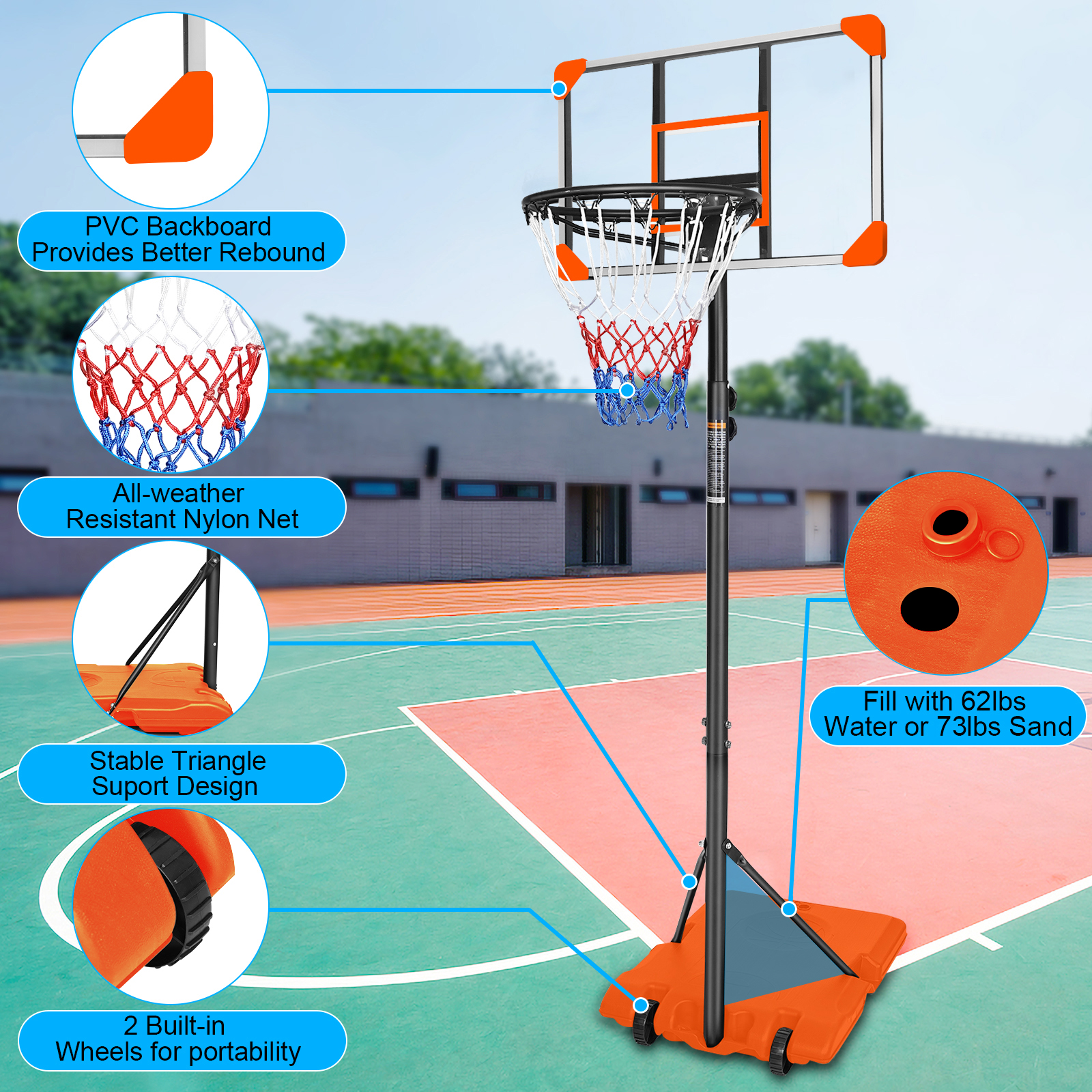 Portable Basketball Goal System With Stable Base And Wheels