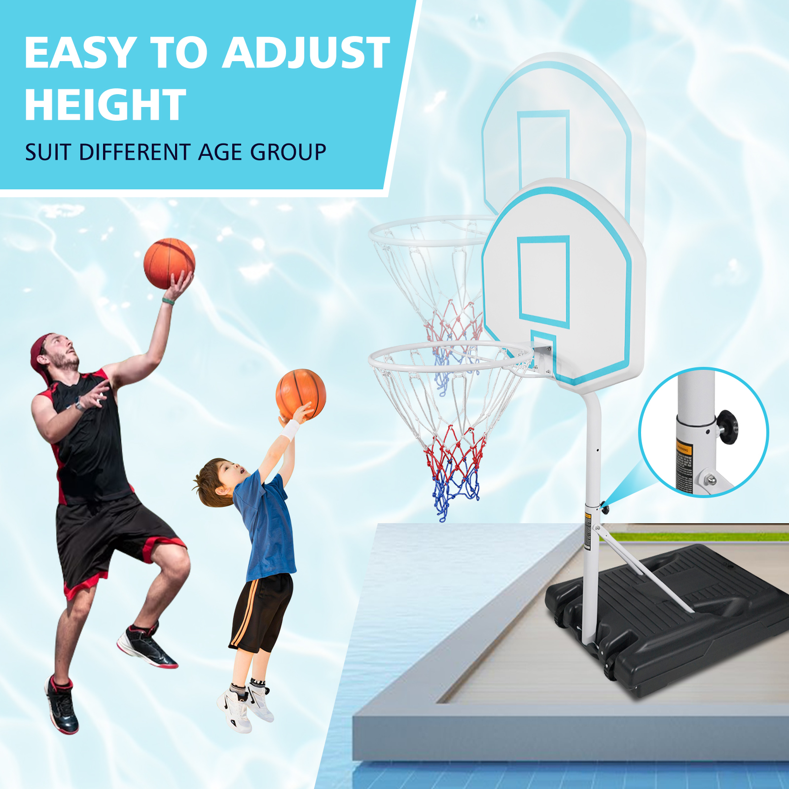 Height Adjustable Portable Poolside Basketball Hoop System