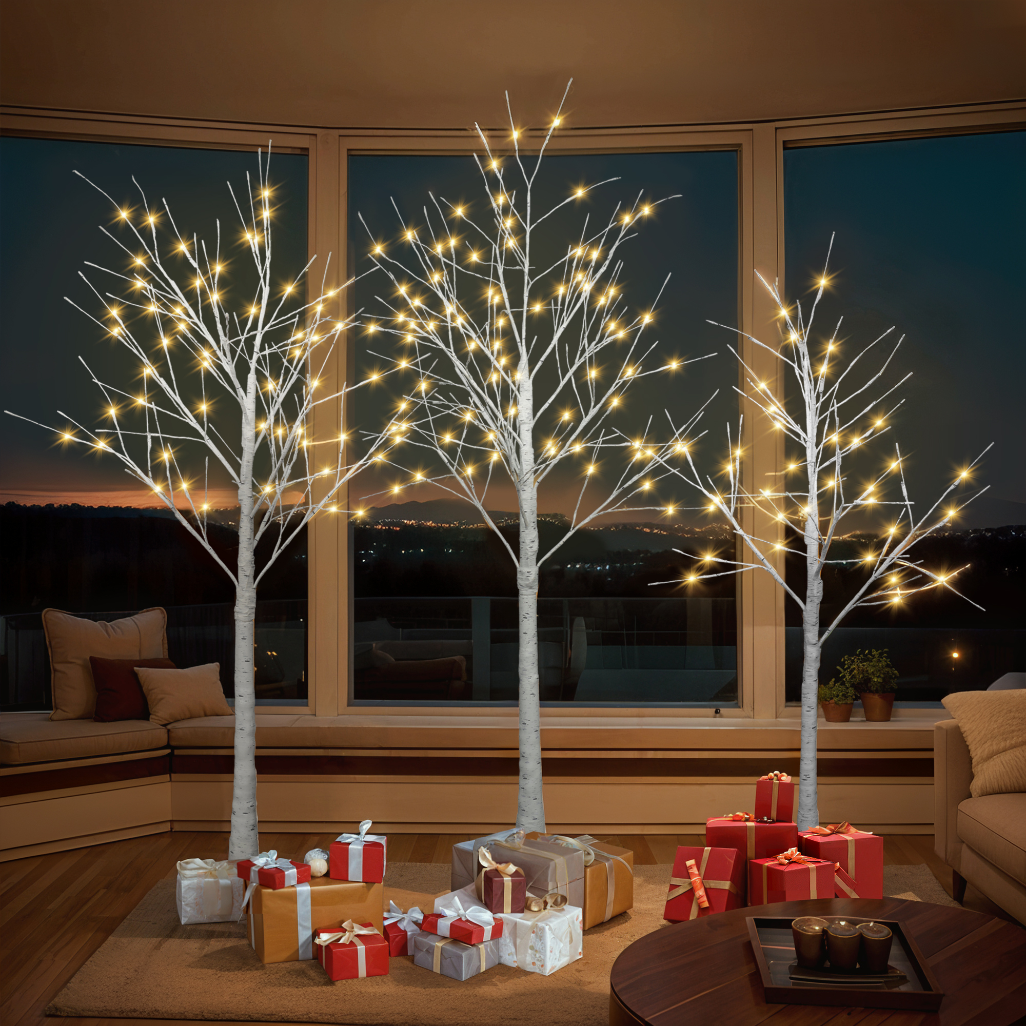 Set of Lighted Birch Tree, 4FT 48 LED/5FT 72 LED/6FT 96 LED
