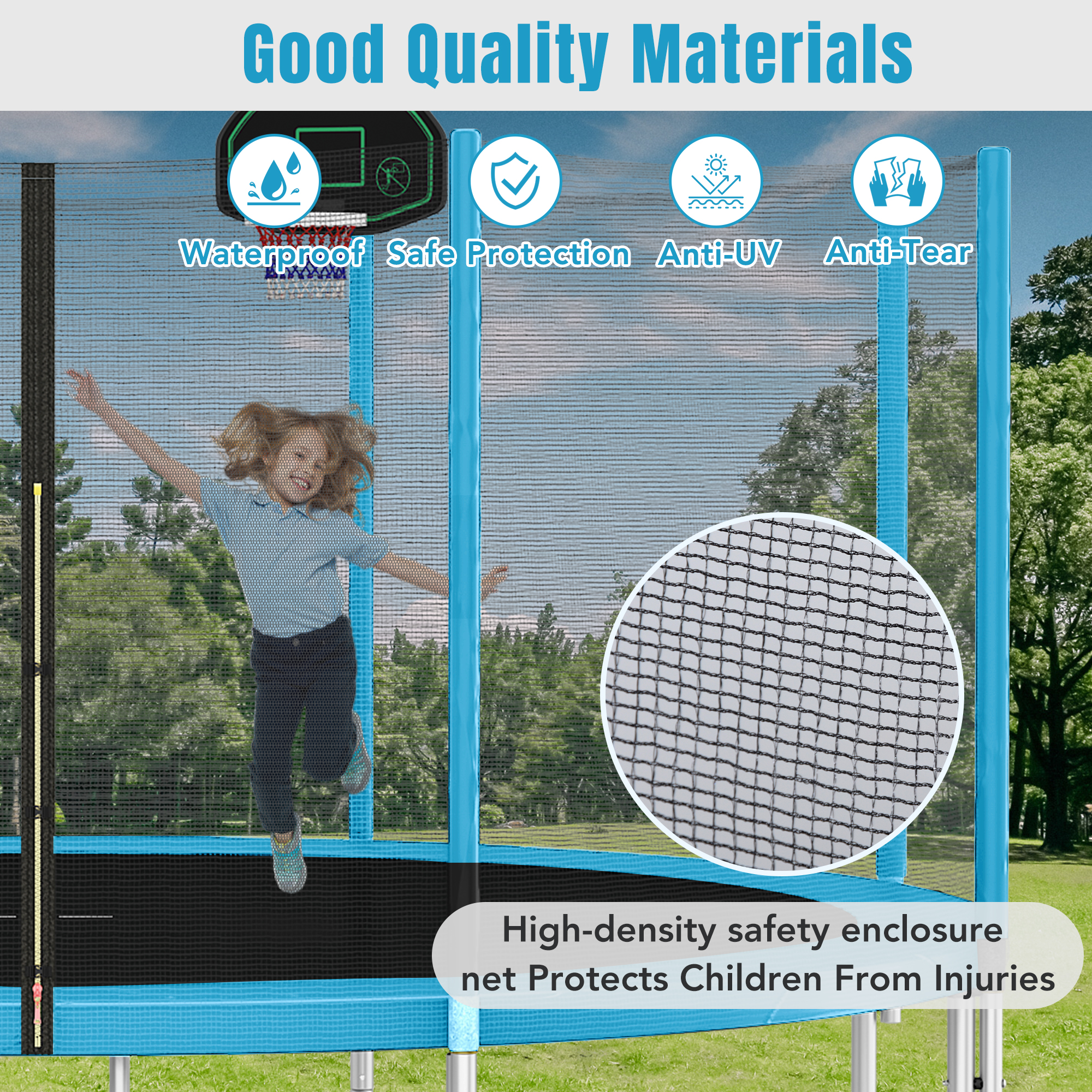 14FT Trampoline with Safety Enclosure Net, Basketball Hoop, and Ladder