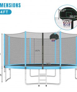 14FT Trampoline with Safety Enclosure Net, Basketball Hoop, and Ladder