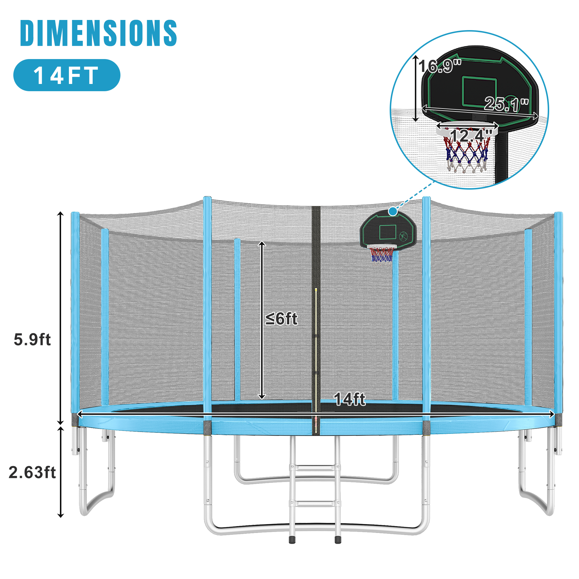 14FT Trampoline with Safety Enclosure Net, Basketball Hoop, and Ladder
