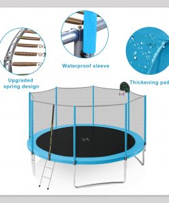 14FT Trampoline with Safety Enclosure Net, Basketball Hoop, and Ladder