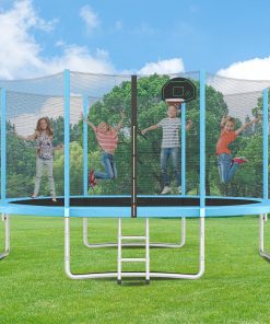 14FT Trampoline with Safety Enclosure Net, Basketball Hoop, and Ladder
