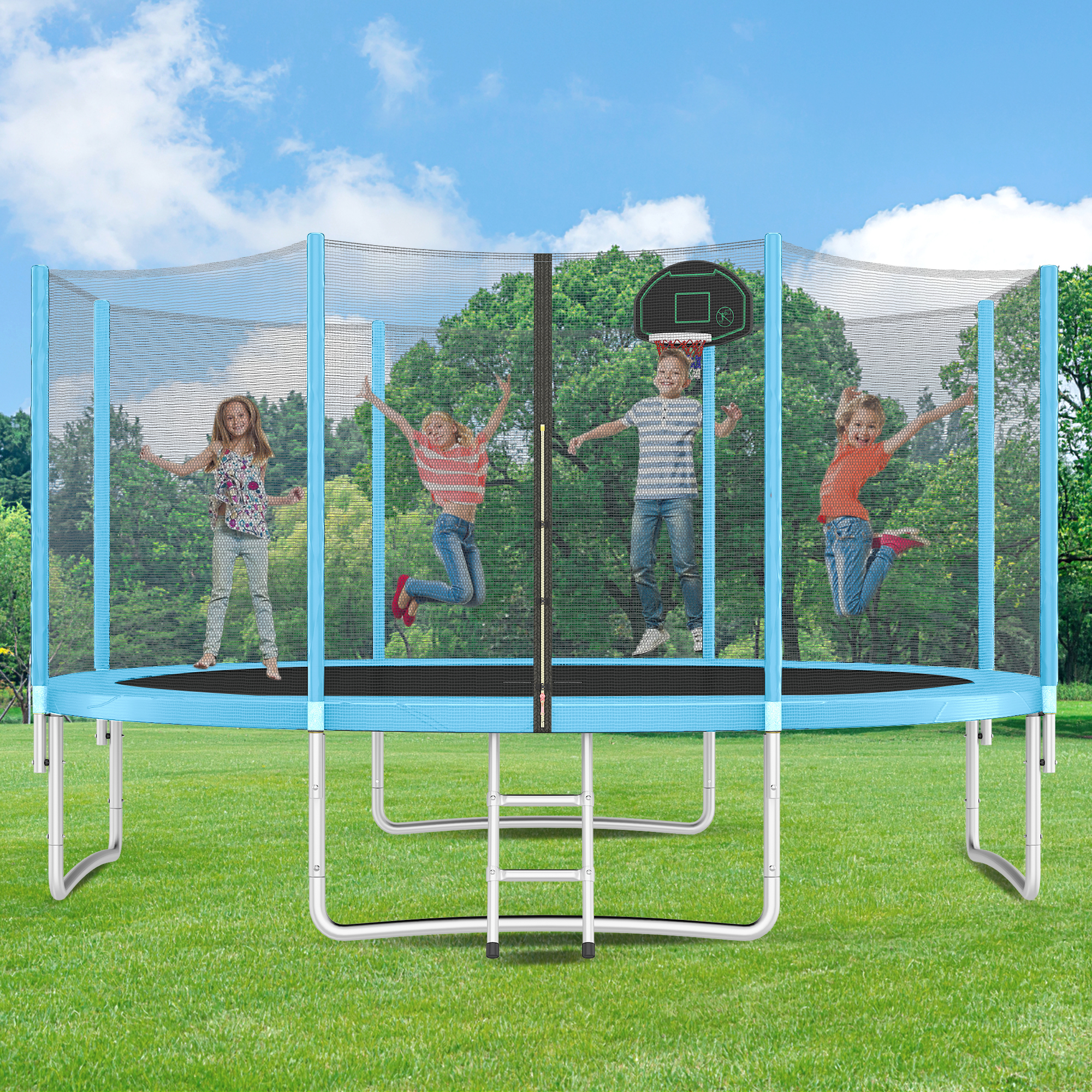 14FT Trampoline with Safety Enclosure Net, Basketball Hoop, and Ladder