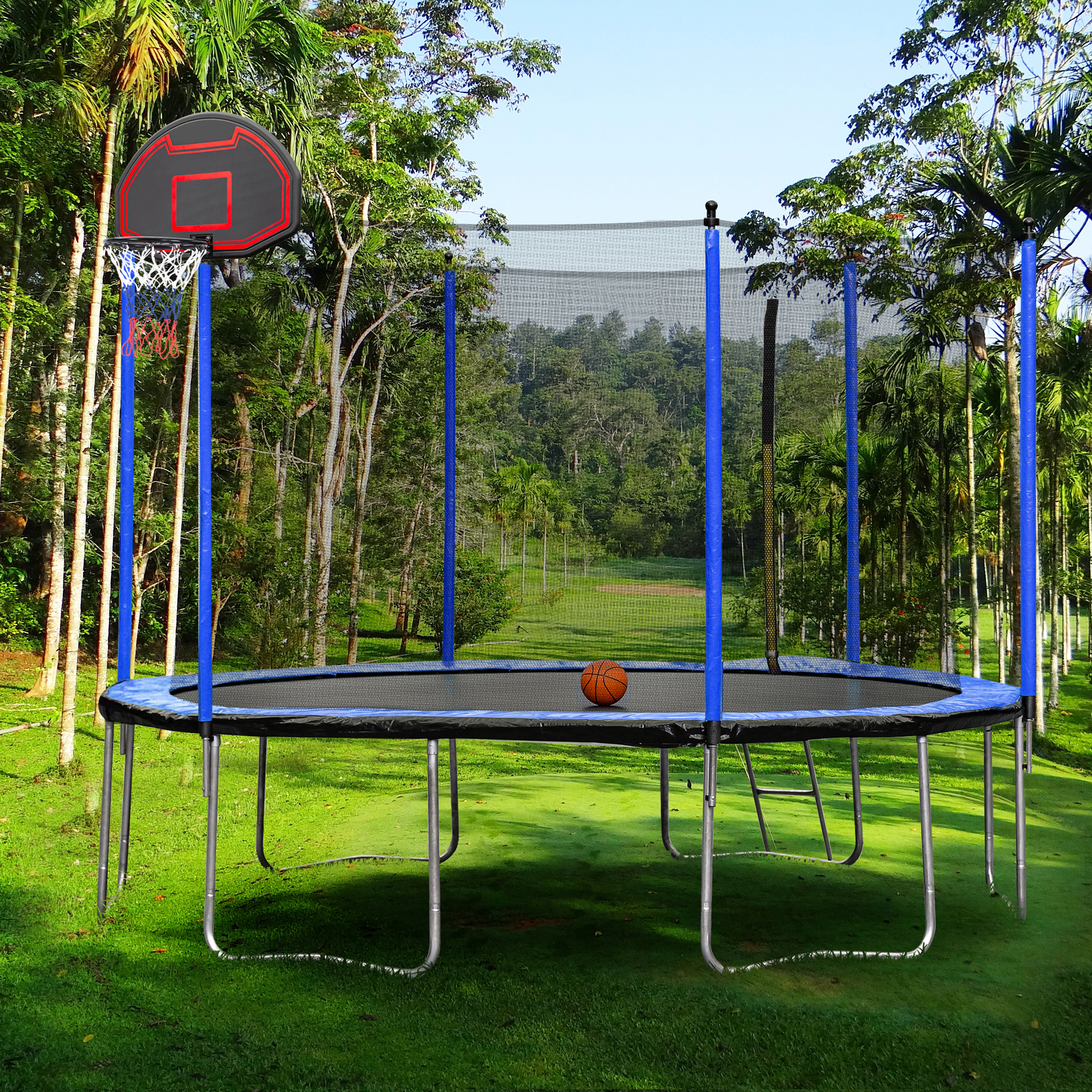 15FT Trampoline with Basketball Hoop Inflator and Ladder
