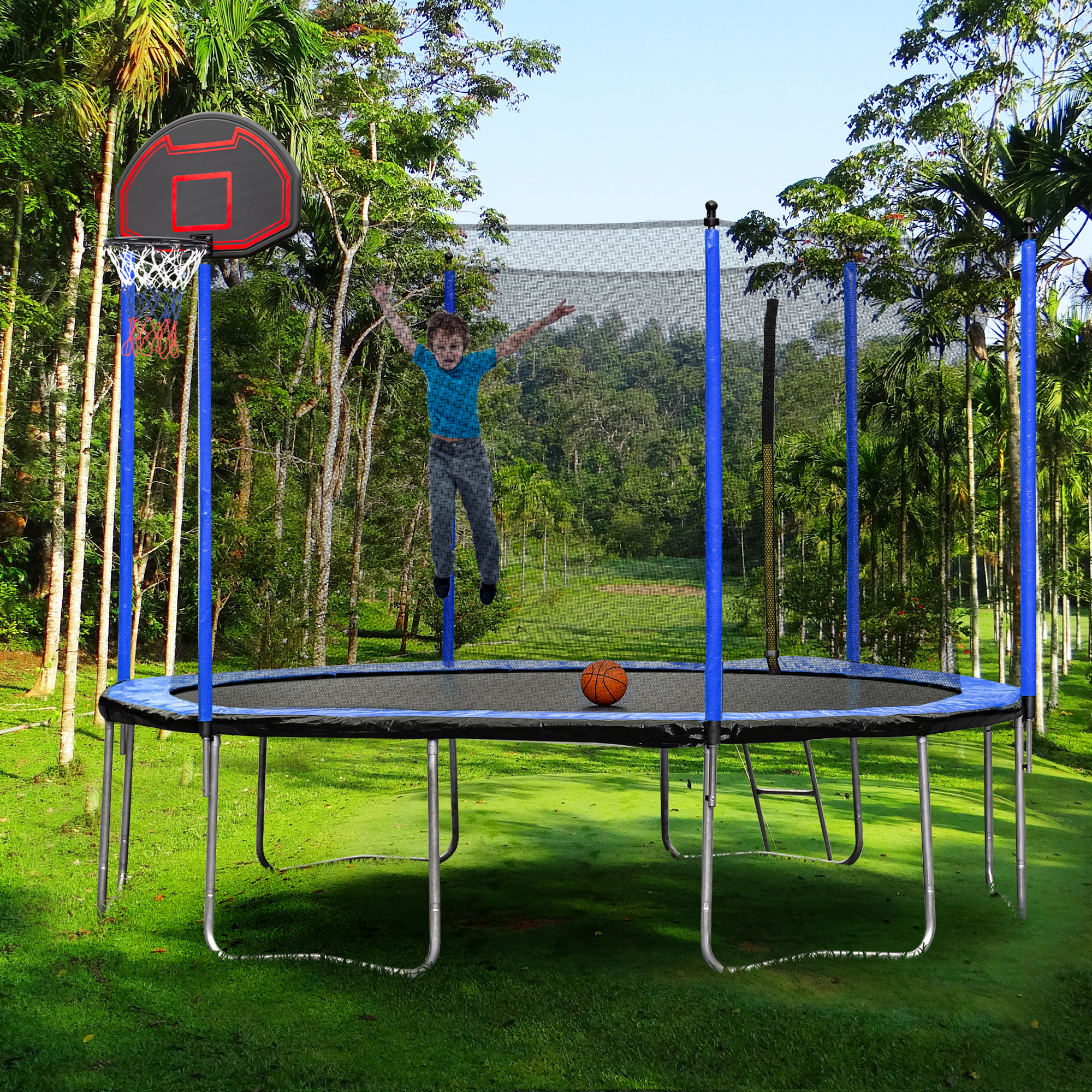 15FT Trampoline with Basketball Hoop Inflator and Ladder