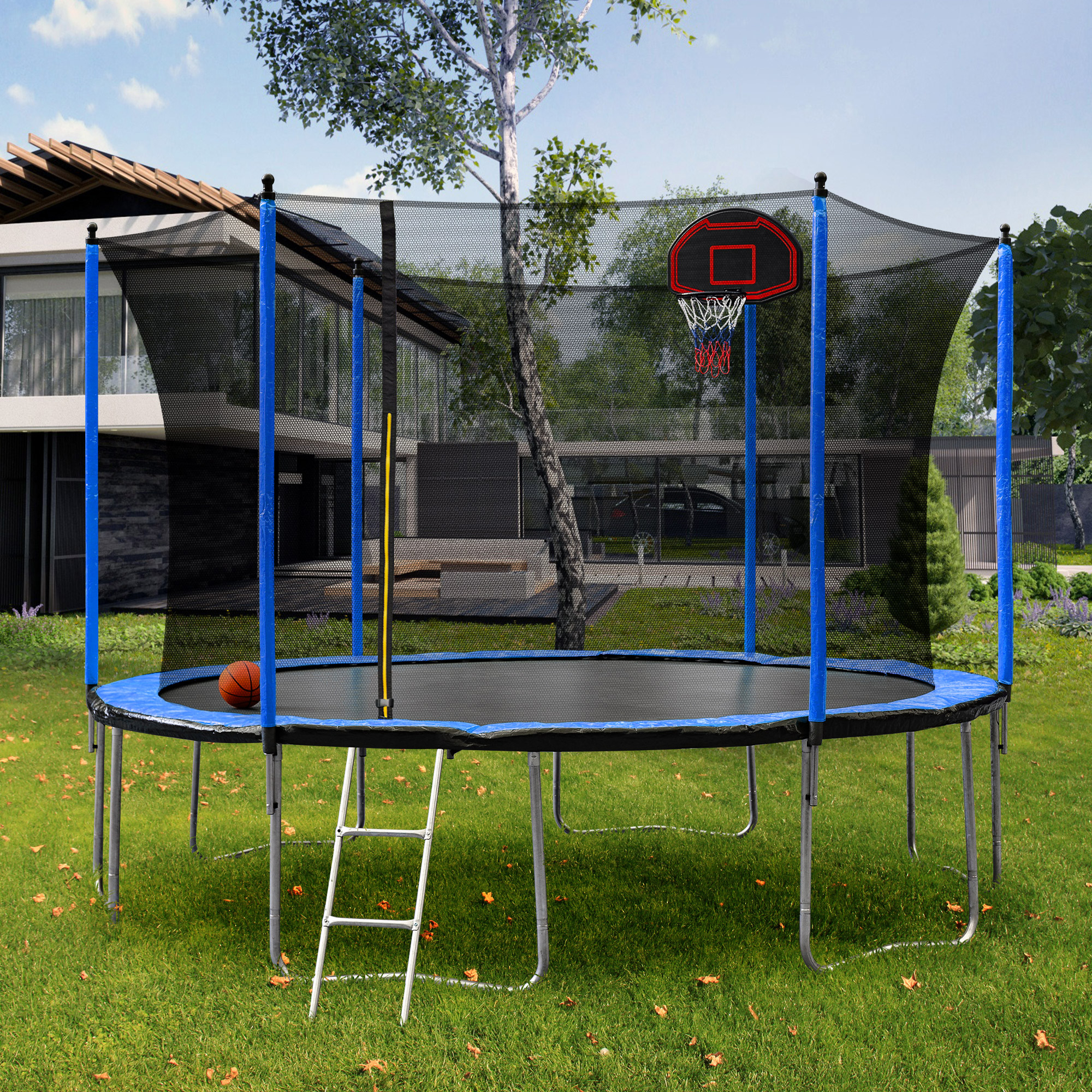 15FT Trampoline with Basketball Hoop Inflator and Ladder