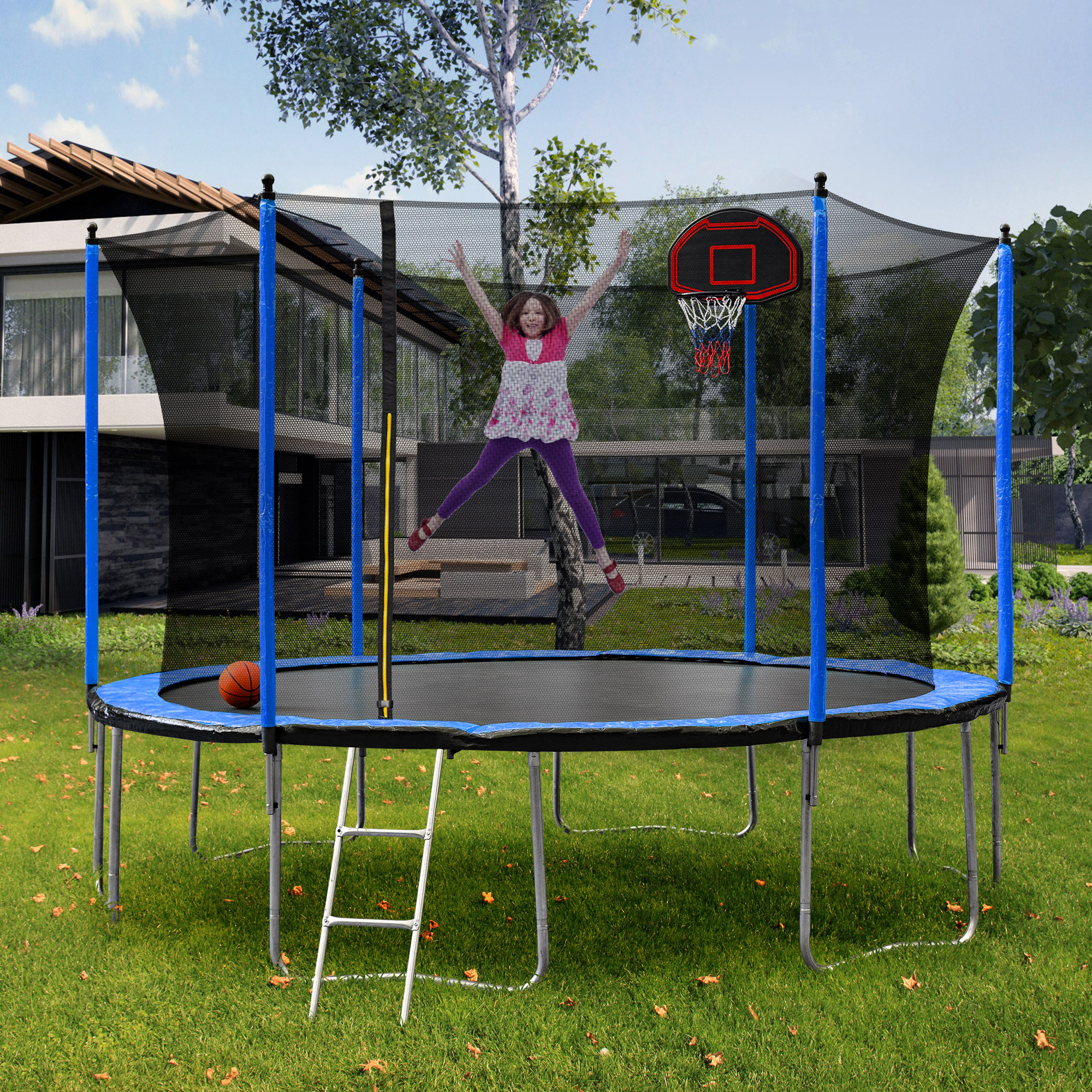 15FT Trampoline with Basketball Hoop Inflator and Ladder