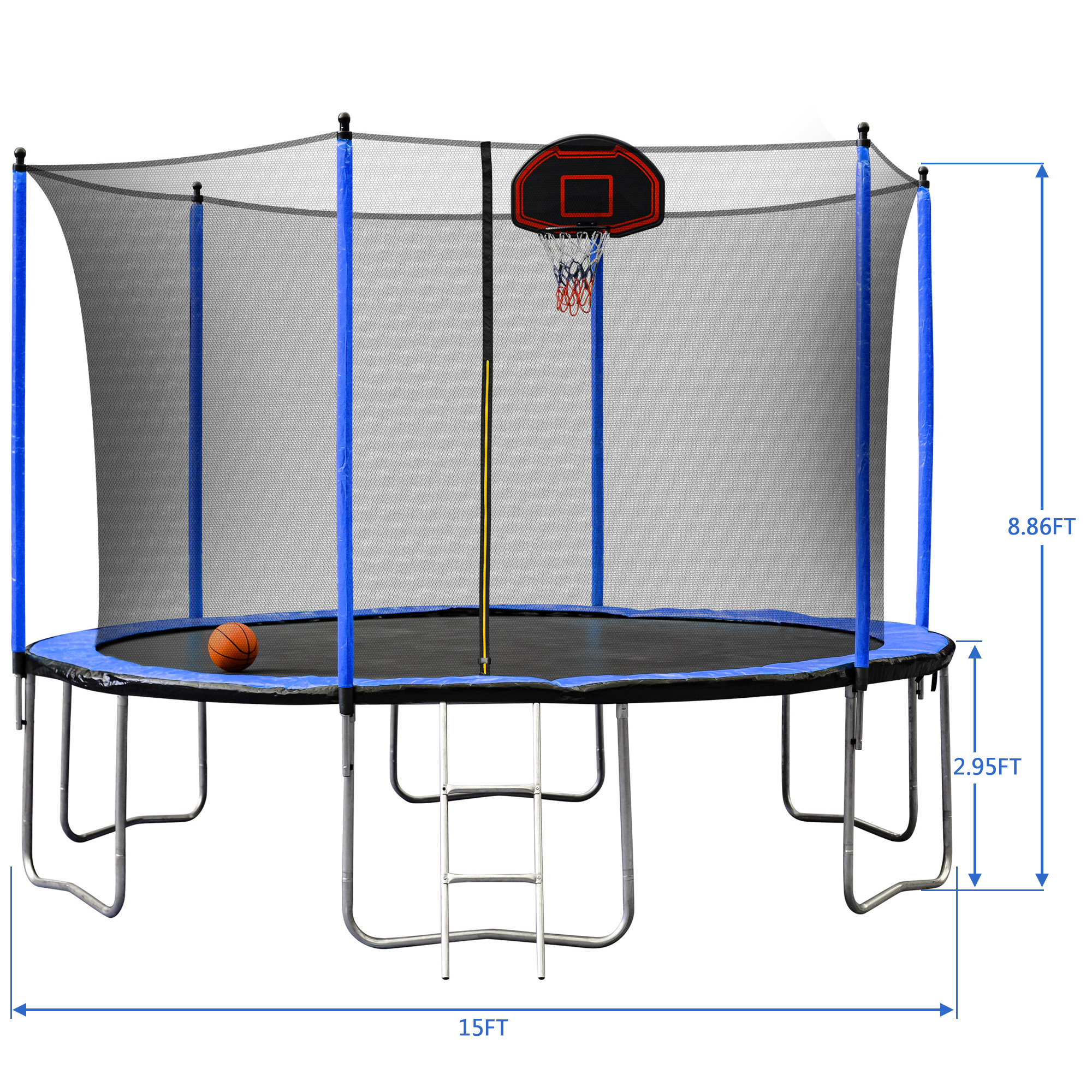 15FT Trampoline with Basketball Hoop Inflator and Ladder