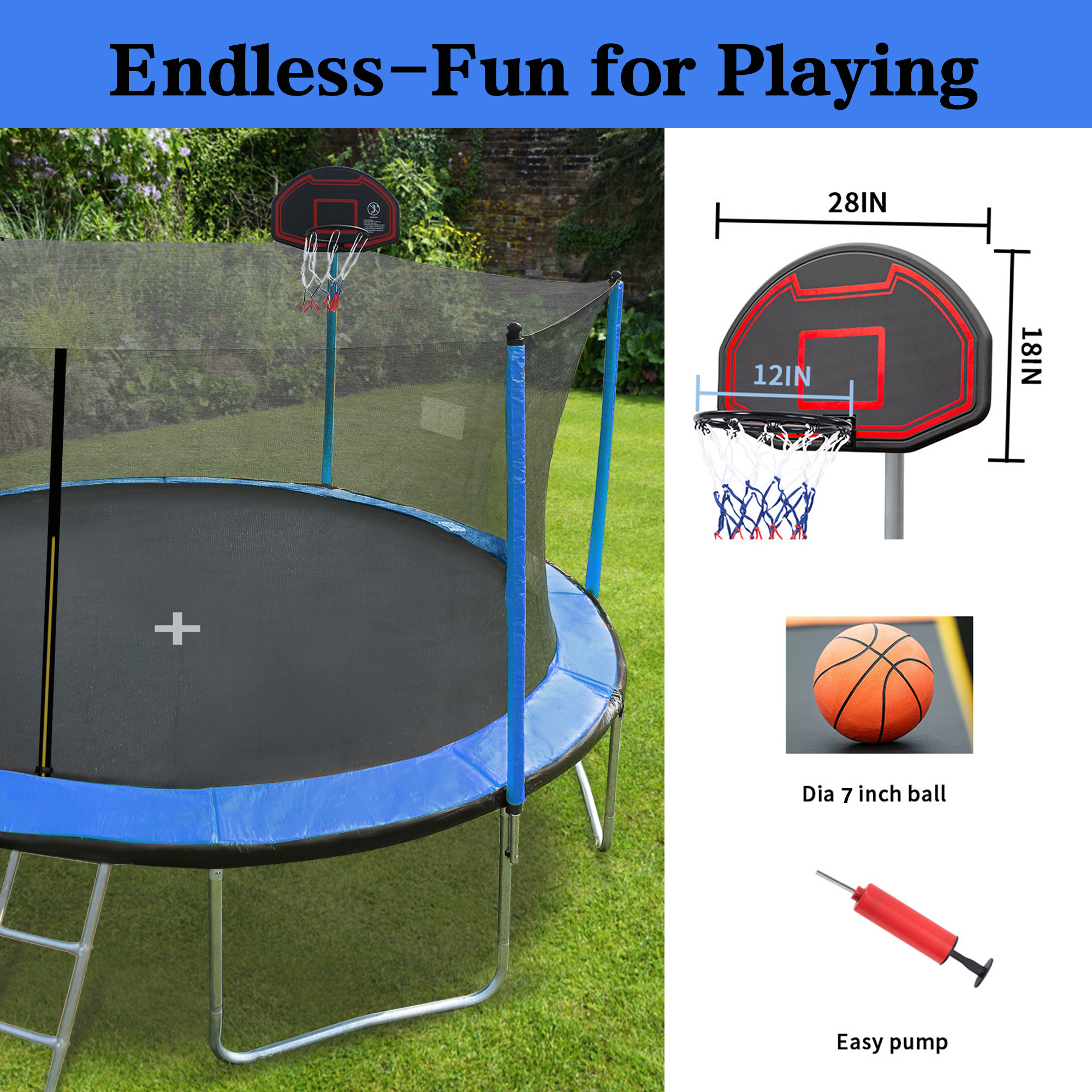 15FT Trampoline with Basketball Hoop Inflator and Ladder