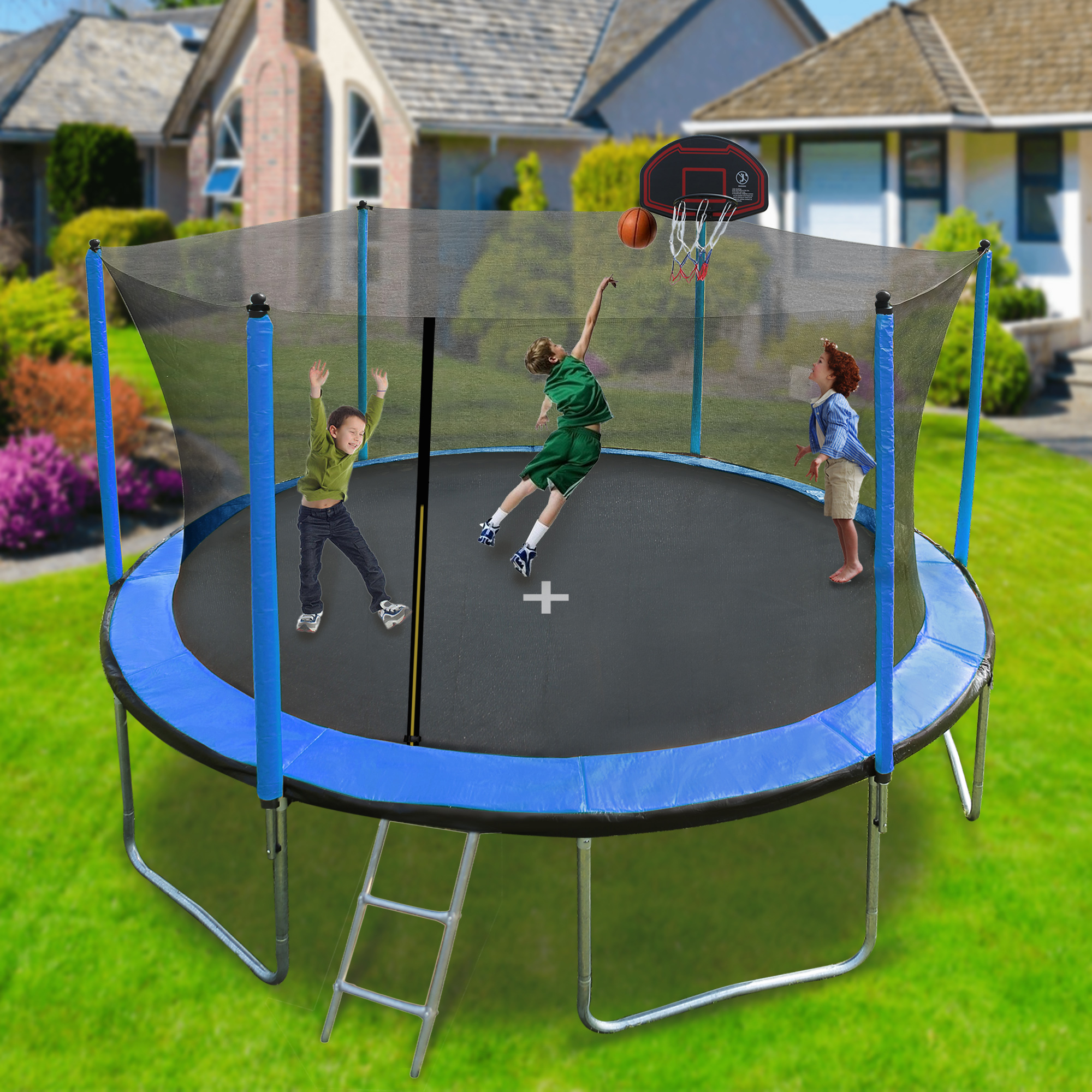 15FT Trampoline with Basketball Hoop Inflator and Ladder