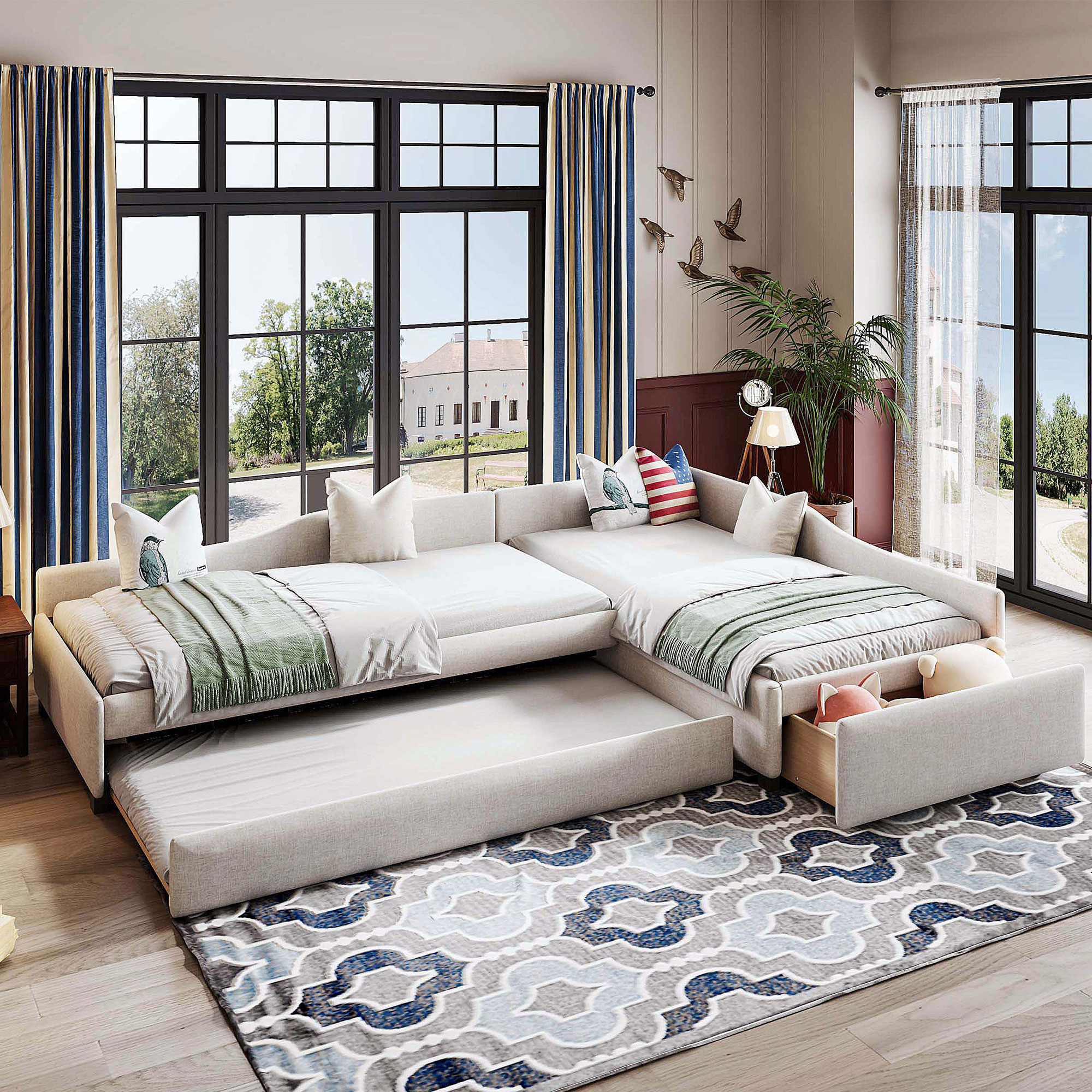 Upholstered Double Twin Size Daybed With Trundle And Drawer, Beigeexpected Arrival Time: 6.27