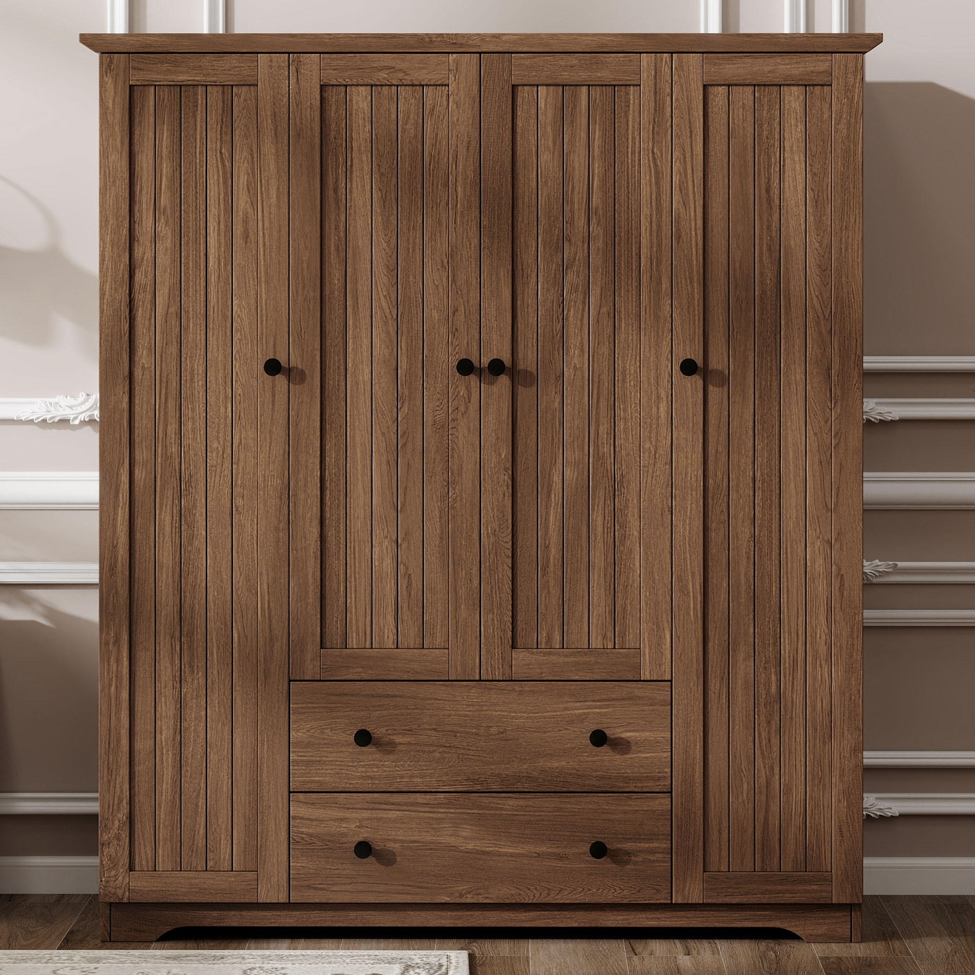 4 Door Wardrobe Armoire Closet With 2 Drawers, Brown