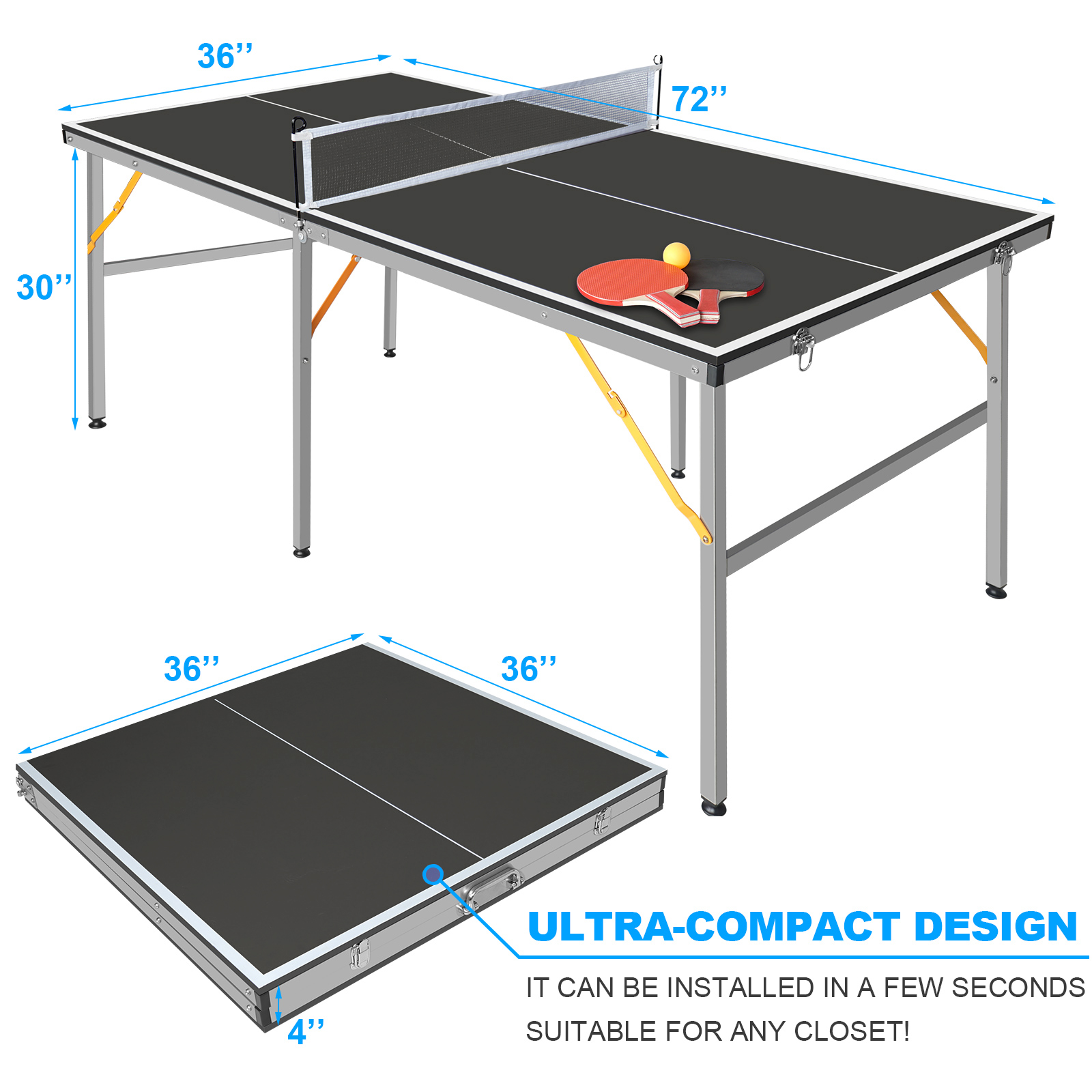 6FT Black Mid-Size Table Tennis Table