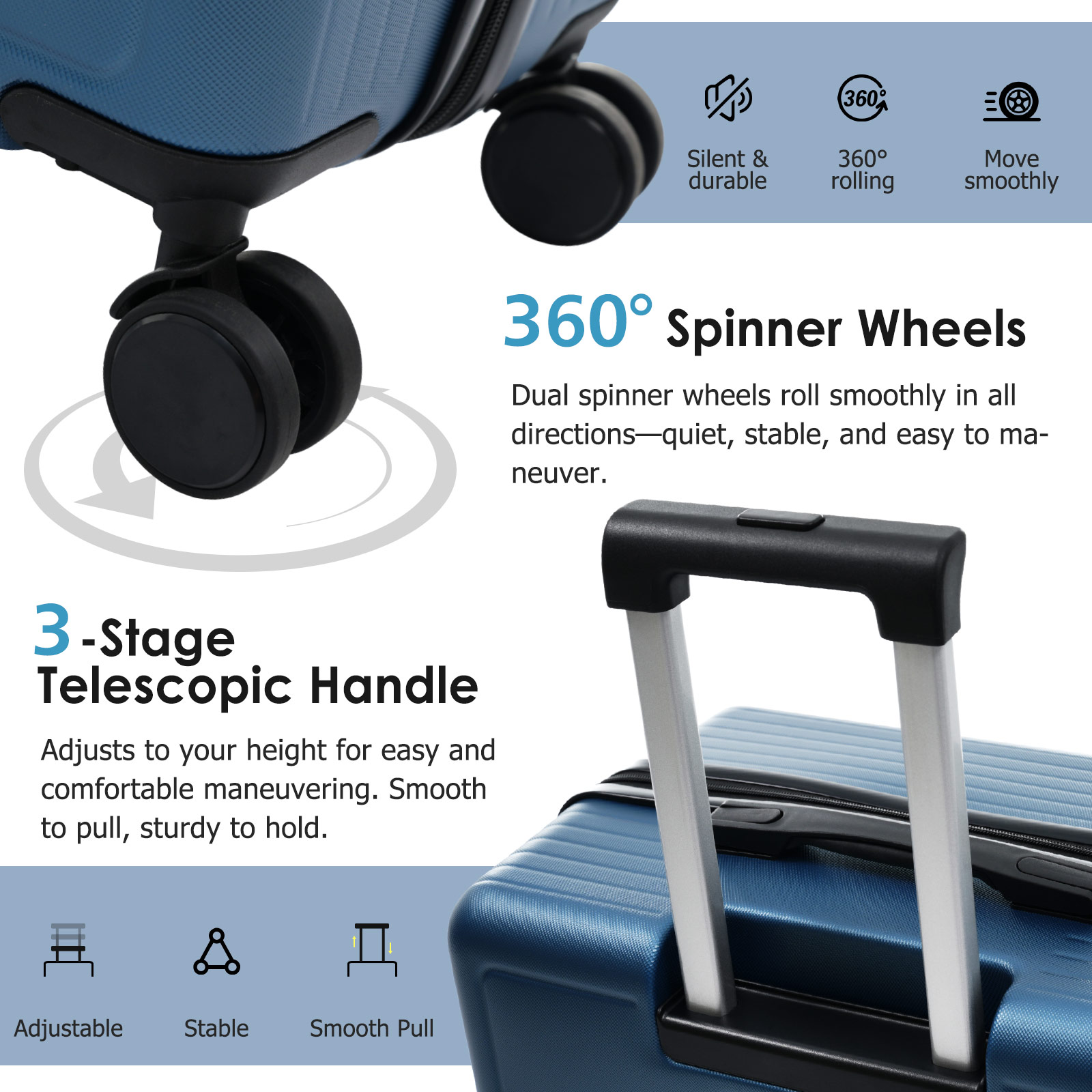 3 Piece Luggage Set with Spinner Wheels and TSA Lock