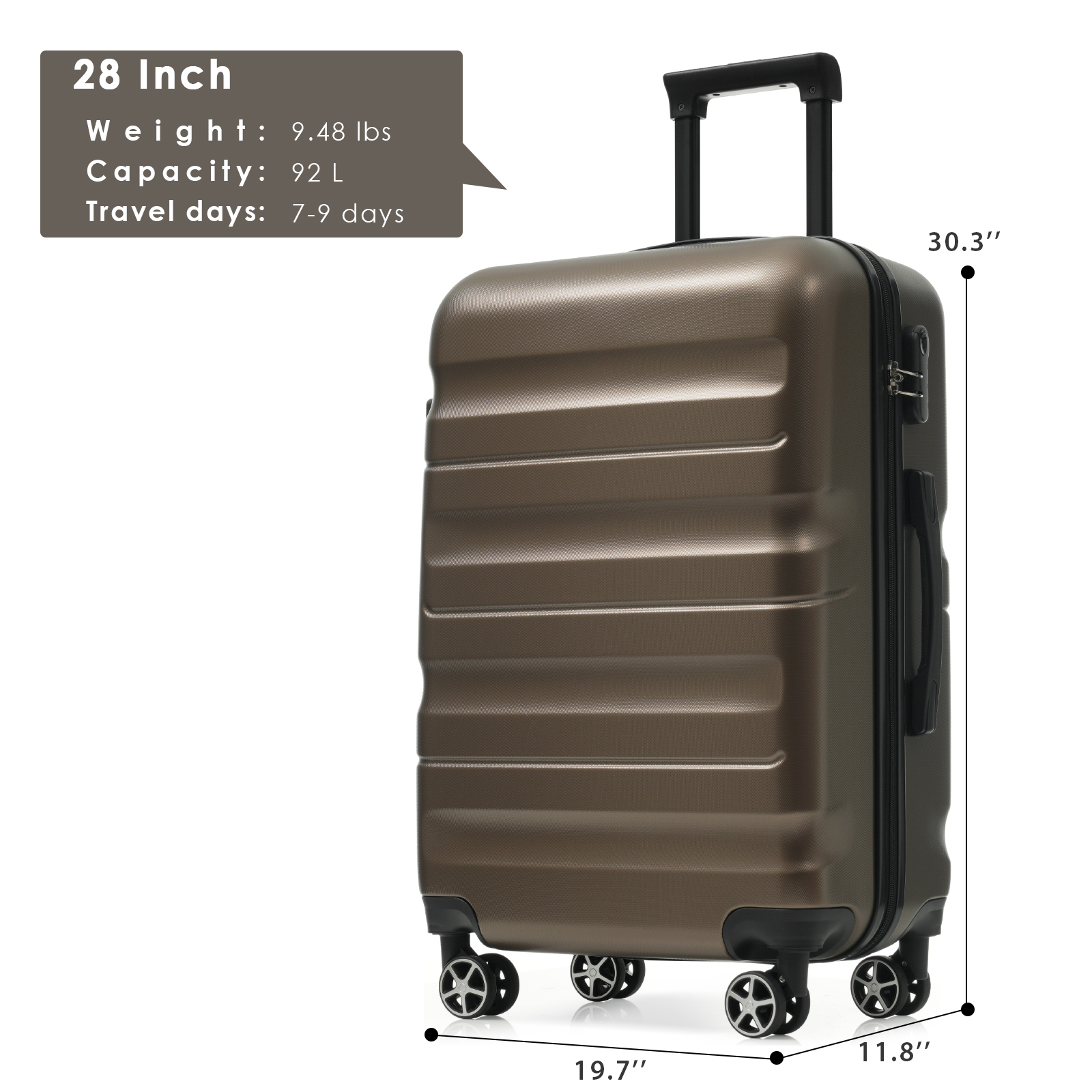 28 Inch Luggage, Hardshell ABS Suitcase With Spinner Wheels