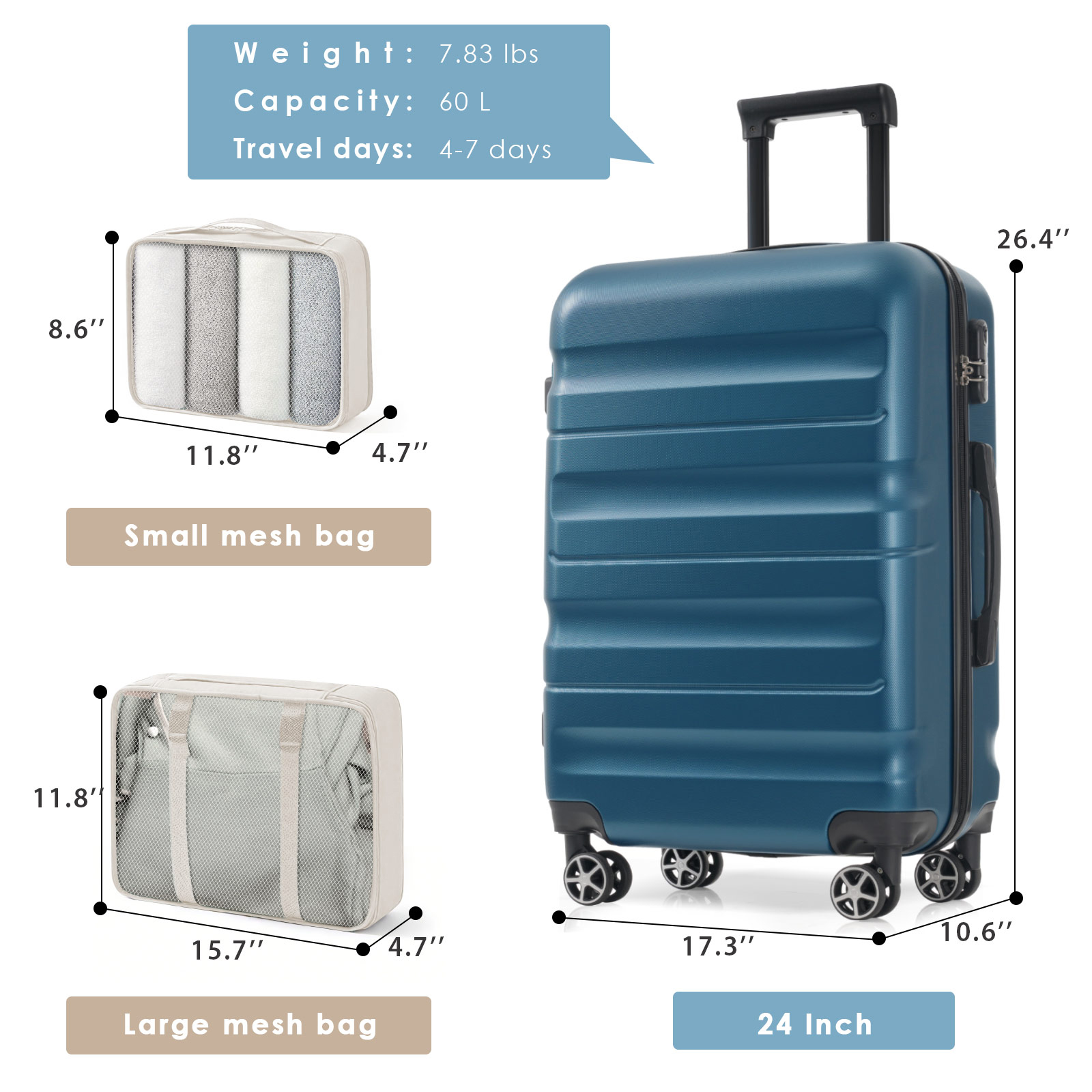 24-Inch Checked Suitcase with Spinner Wheels