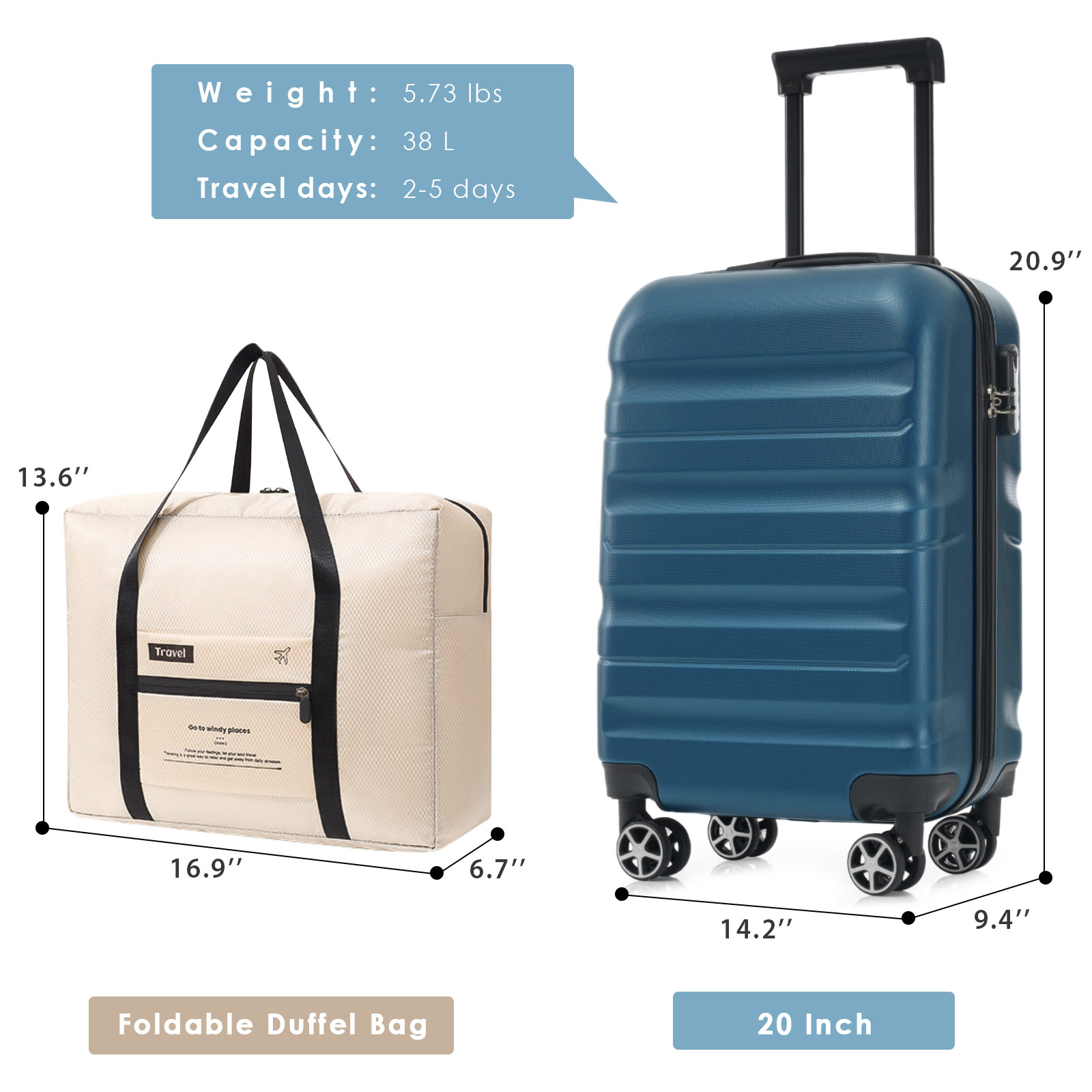 Hardshell ABS Carry-On Luggage with Spinner Wheels