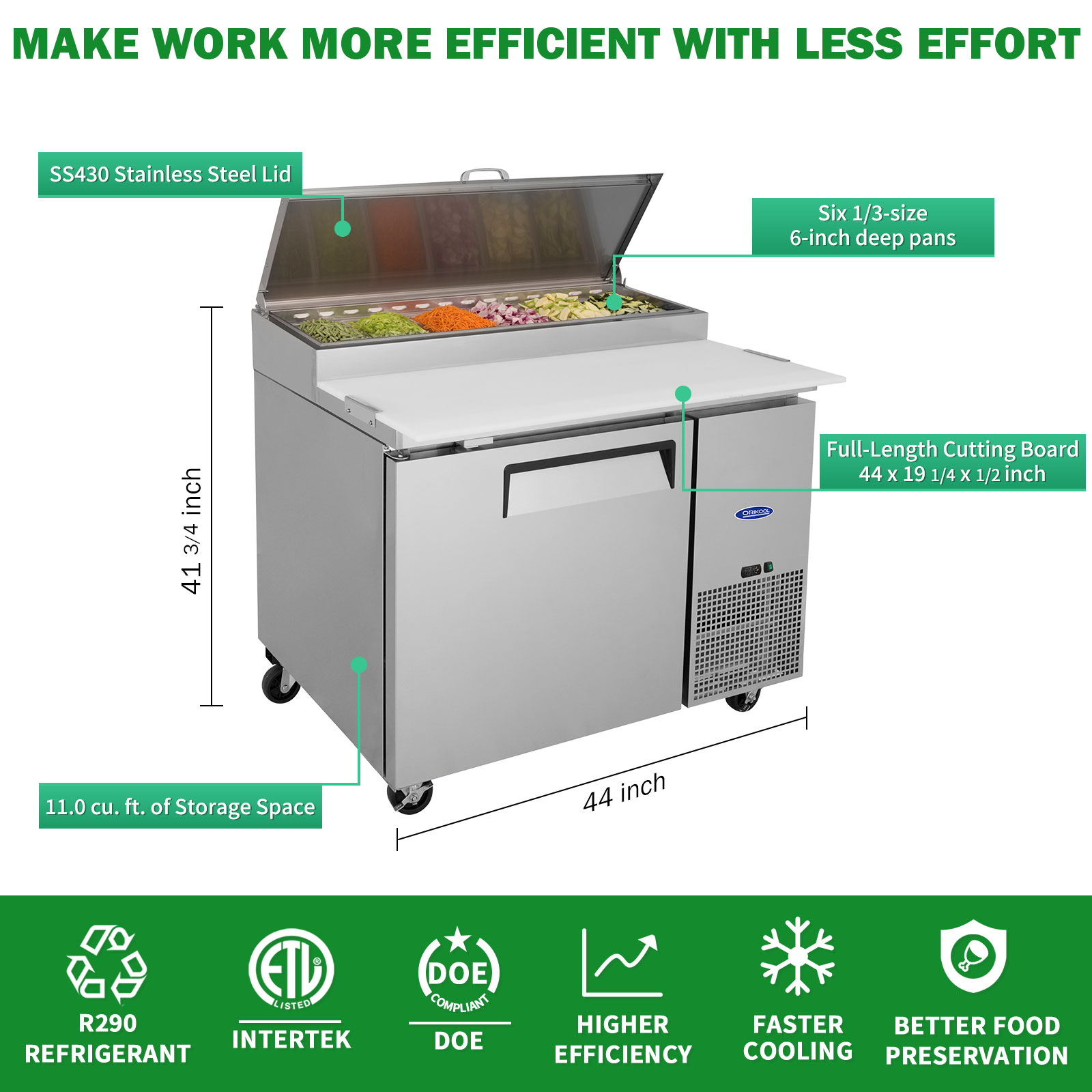 Orikool 44 IN Commercial Pizza Prep Table with a Built-in Refrigerator