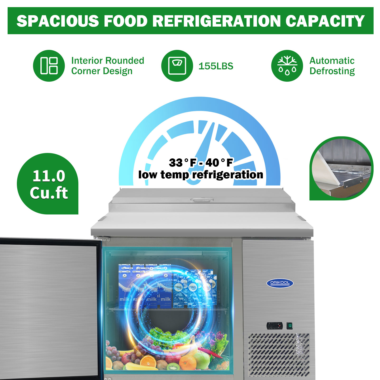 Orikool 44 IN Commercial Pizza Prep Table with a Built-in Refrigerator