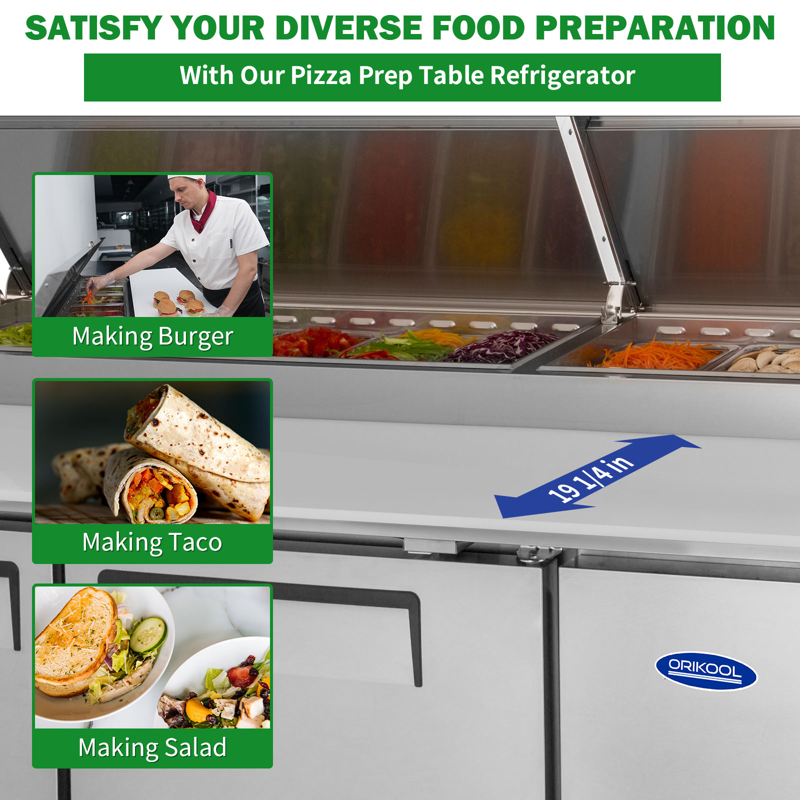 Orikool 93 In Commercial Pizza Prep Table With A Built-in Refrigerator