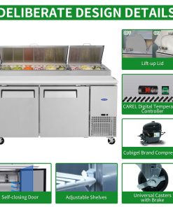 Orikool 67 IN Commercial Pizza Prep Table with a Built-in Refrigerator