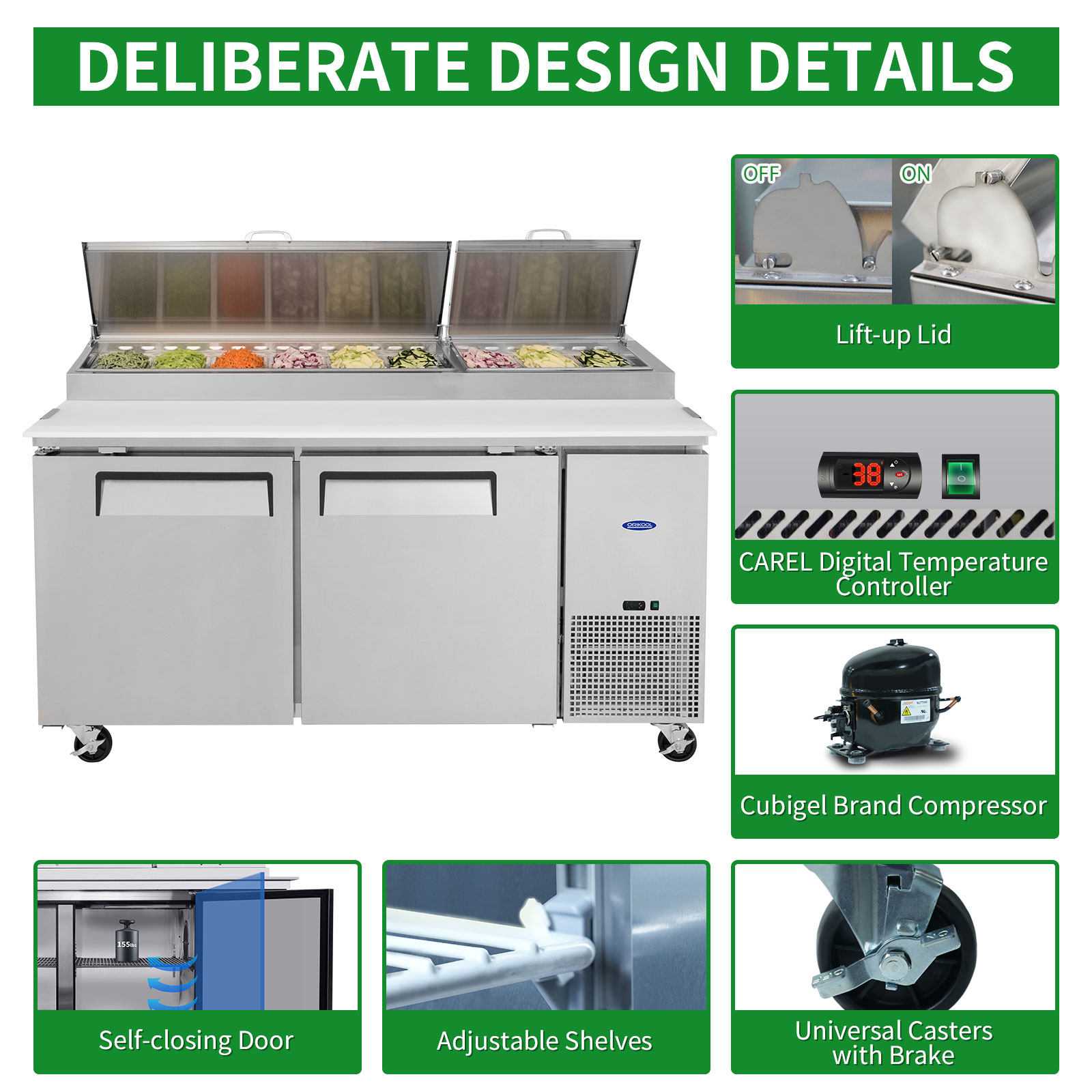 Orikool 67 IN Commercial Pizza Prep Table with a Built-in Refrigerator