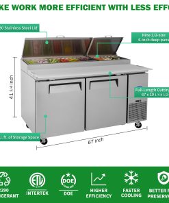 Orikool 67 IN Commercial Pizza Prep Table with a Built-in Refrigerator