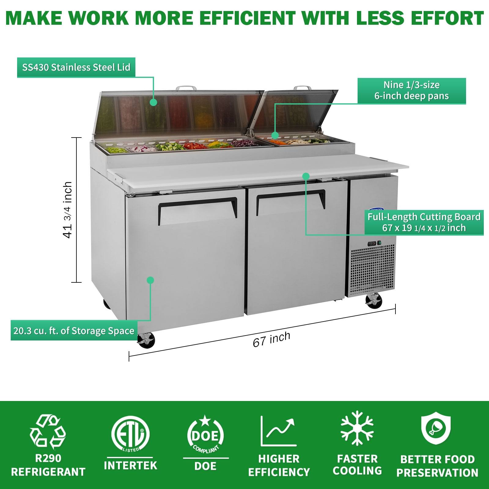 Orikool 67 IN Commercial Pizza Prep Table with a Built-in Refrigerator
