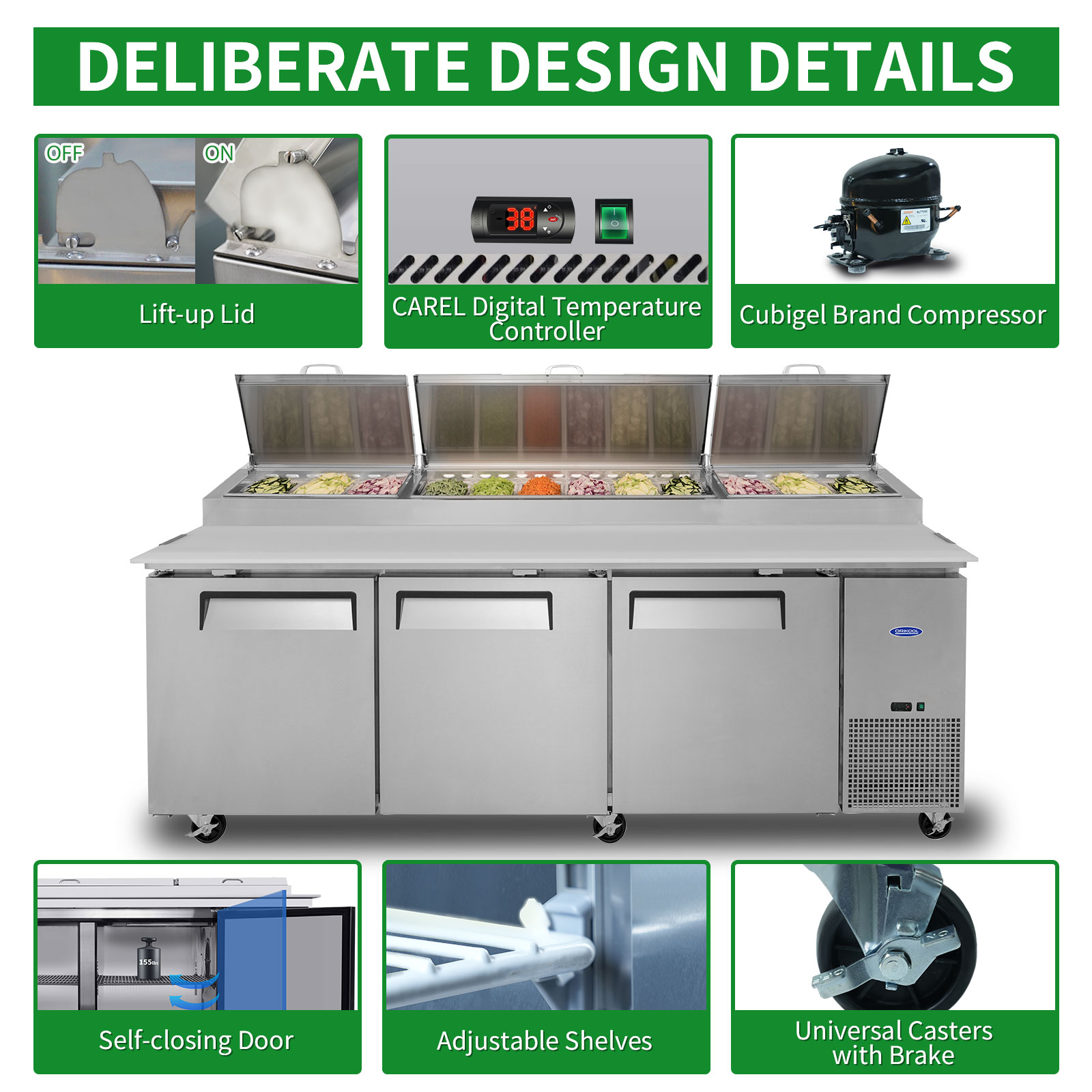 Orikool 93 In Commercial Pizza Prep Table With A Built-in Refrigerator