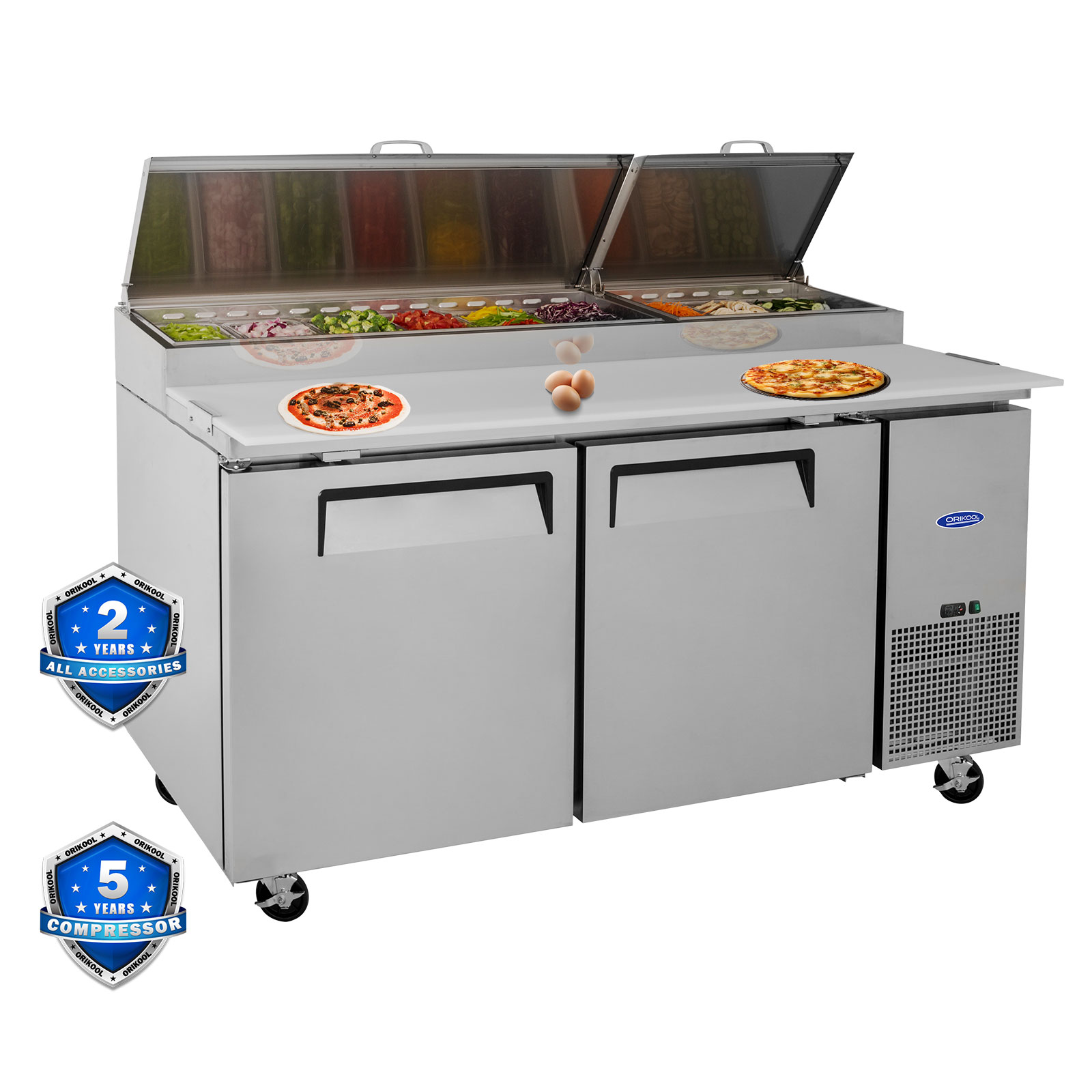 Orikool 67 IN Commercial Pizza Prep Table with a Built-in Refrigerator